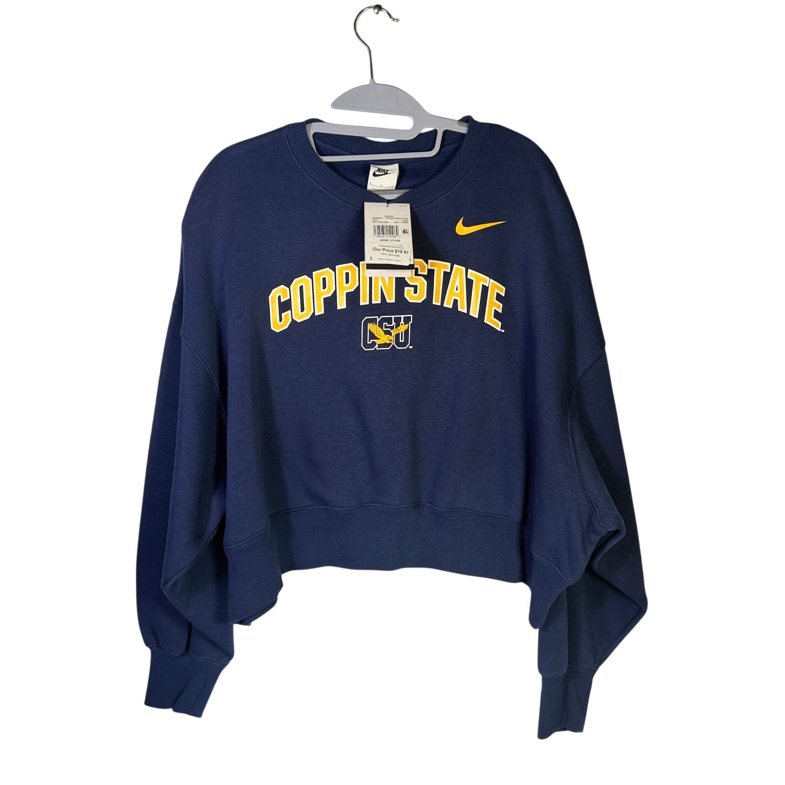 Nike Women’s Coppin State Eagles navy fleece crewneck sweatshirt, size small, featuring team logo and comfortable fabric.