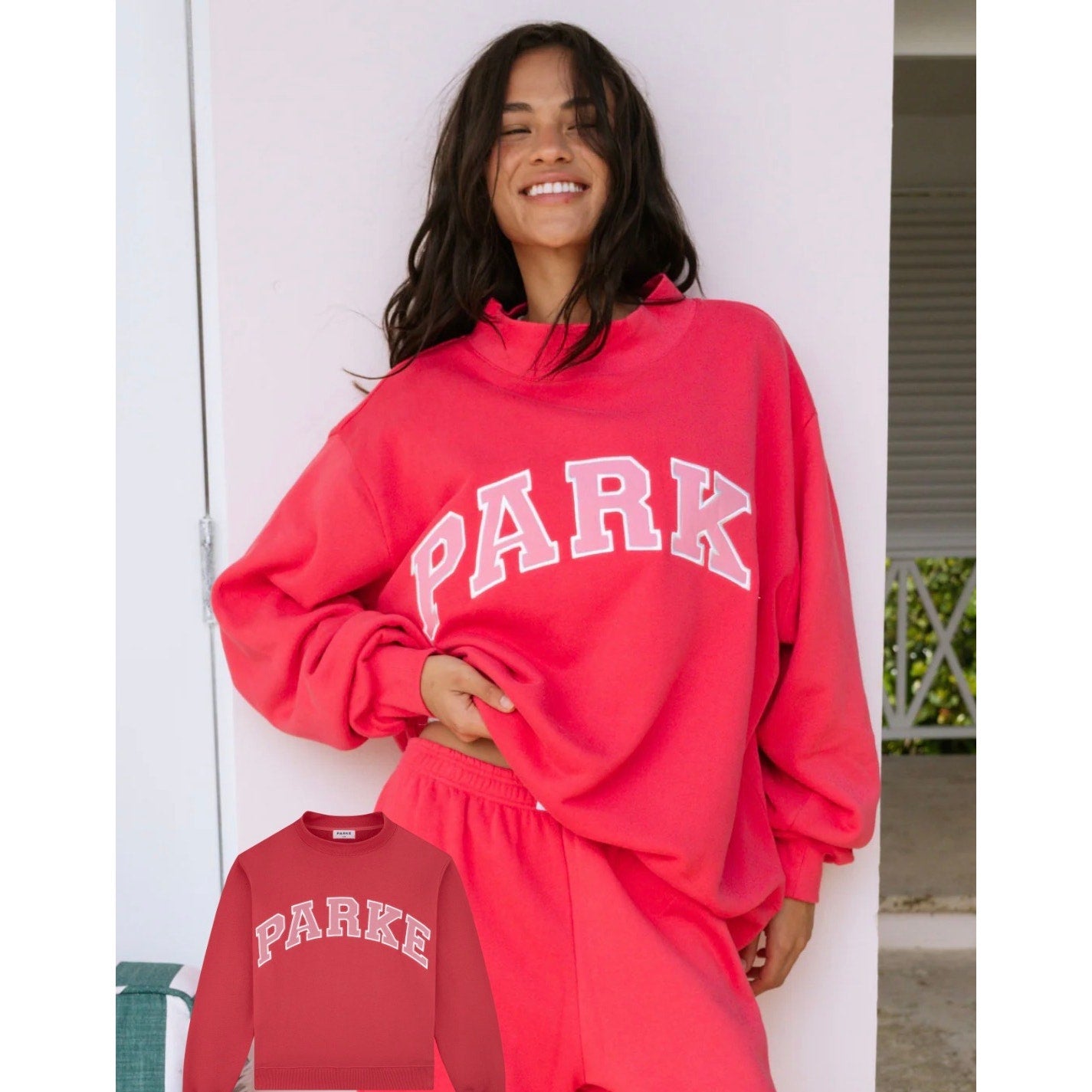 Pink PARKE Heritage Varsity Mockneck Sweatshirt for women, front view showing the cozy pullover style.