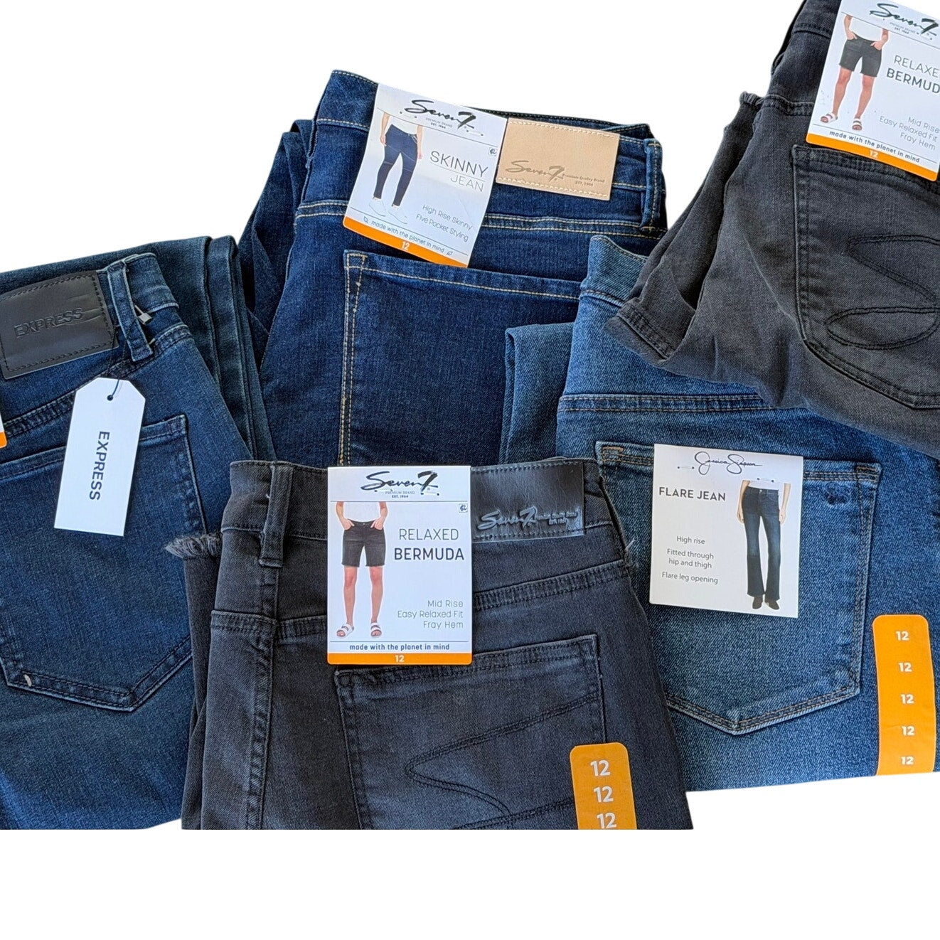 Five-piece women's denim bundle including jeans from Express, Seven7, and Jessica Simpson, in size 12, by Frugal Teacher.