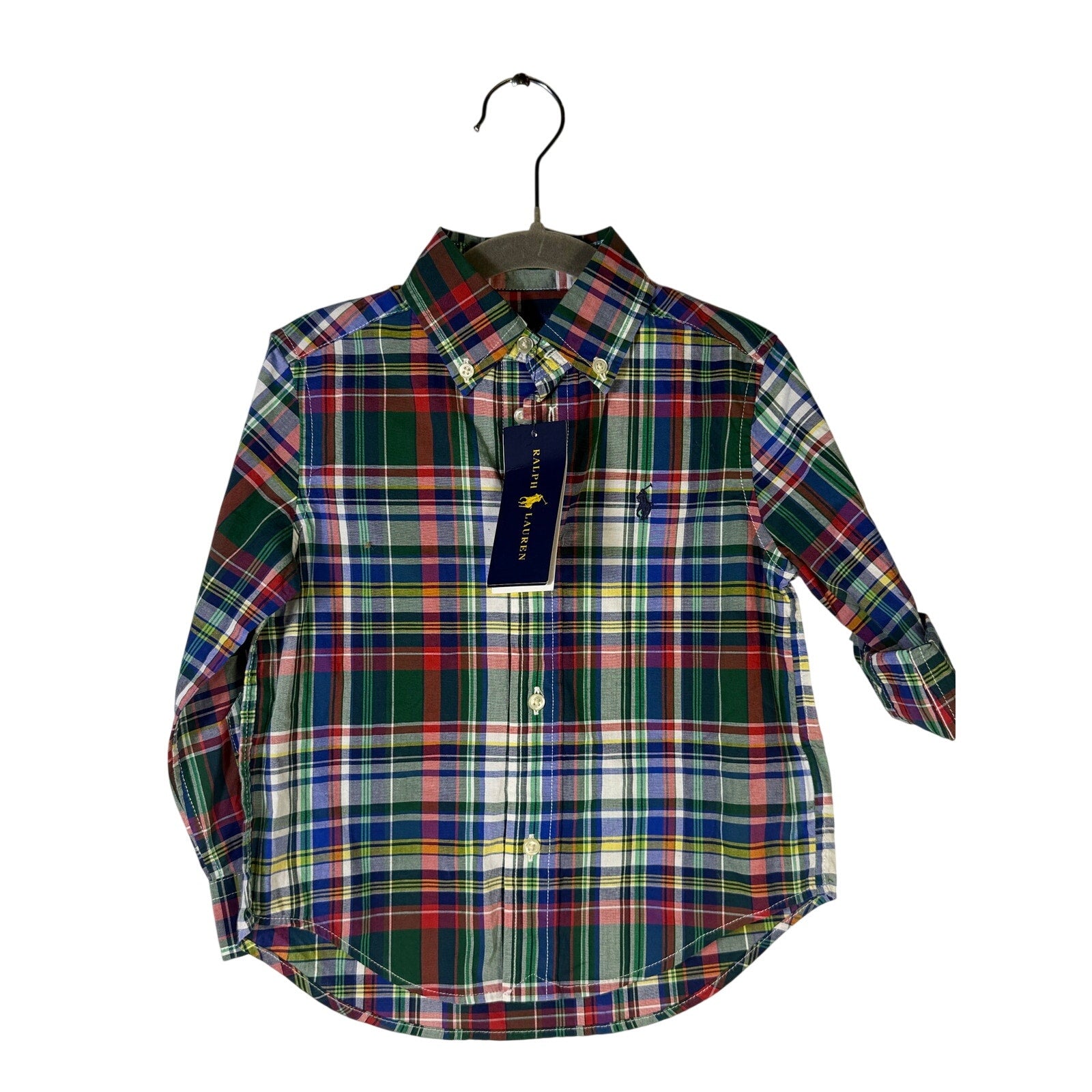 Ralph Lauren boys plaid shirt and khaki chino shorts outfit set for 2T, featuring a classic design and comfortable fit.