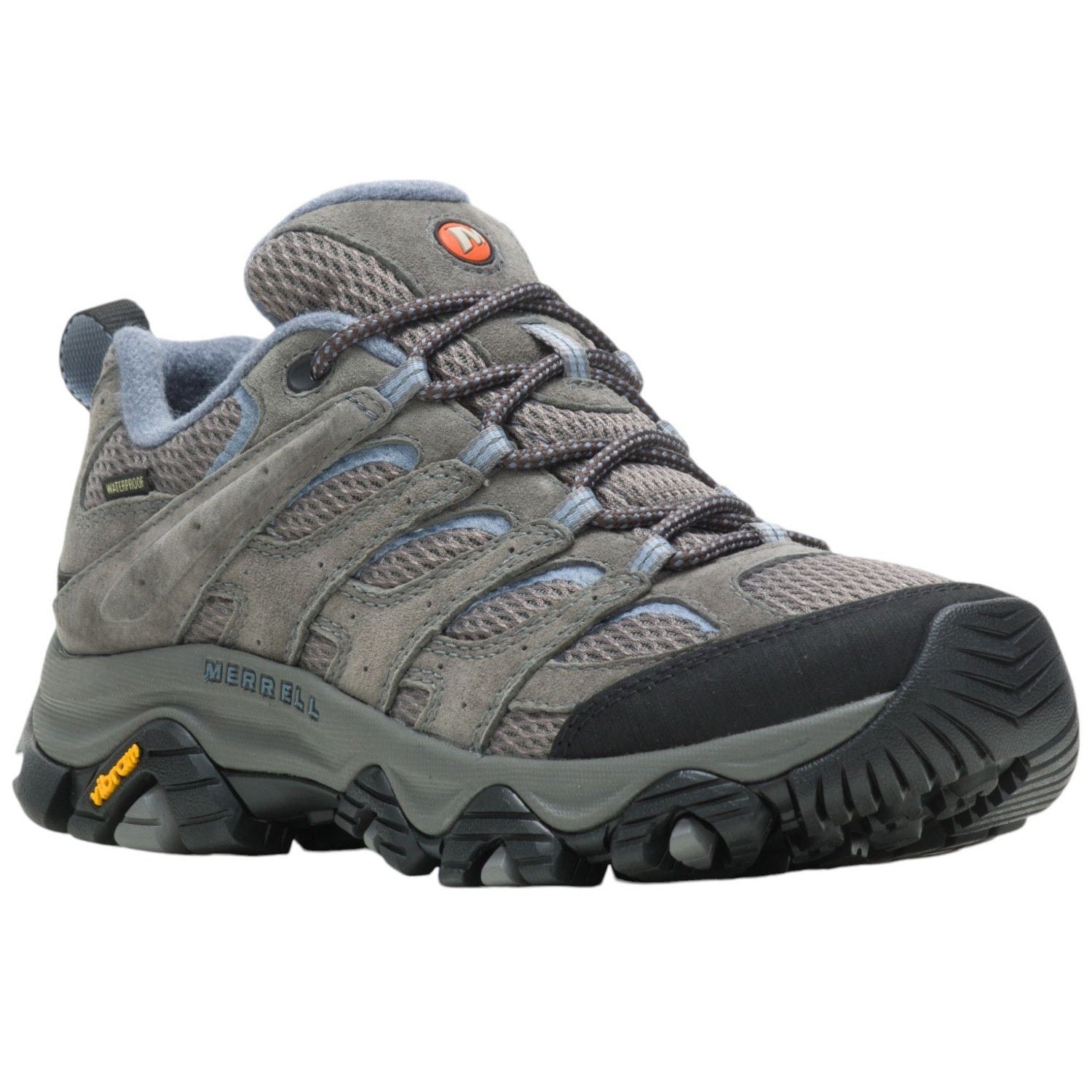 Merrell Moab 3 women's hiking sneakers in blue, gray, and black, size 8, showing breathable fabric and rugged outsole