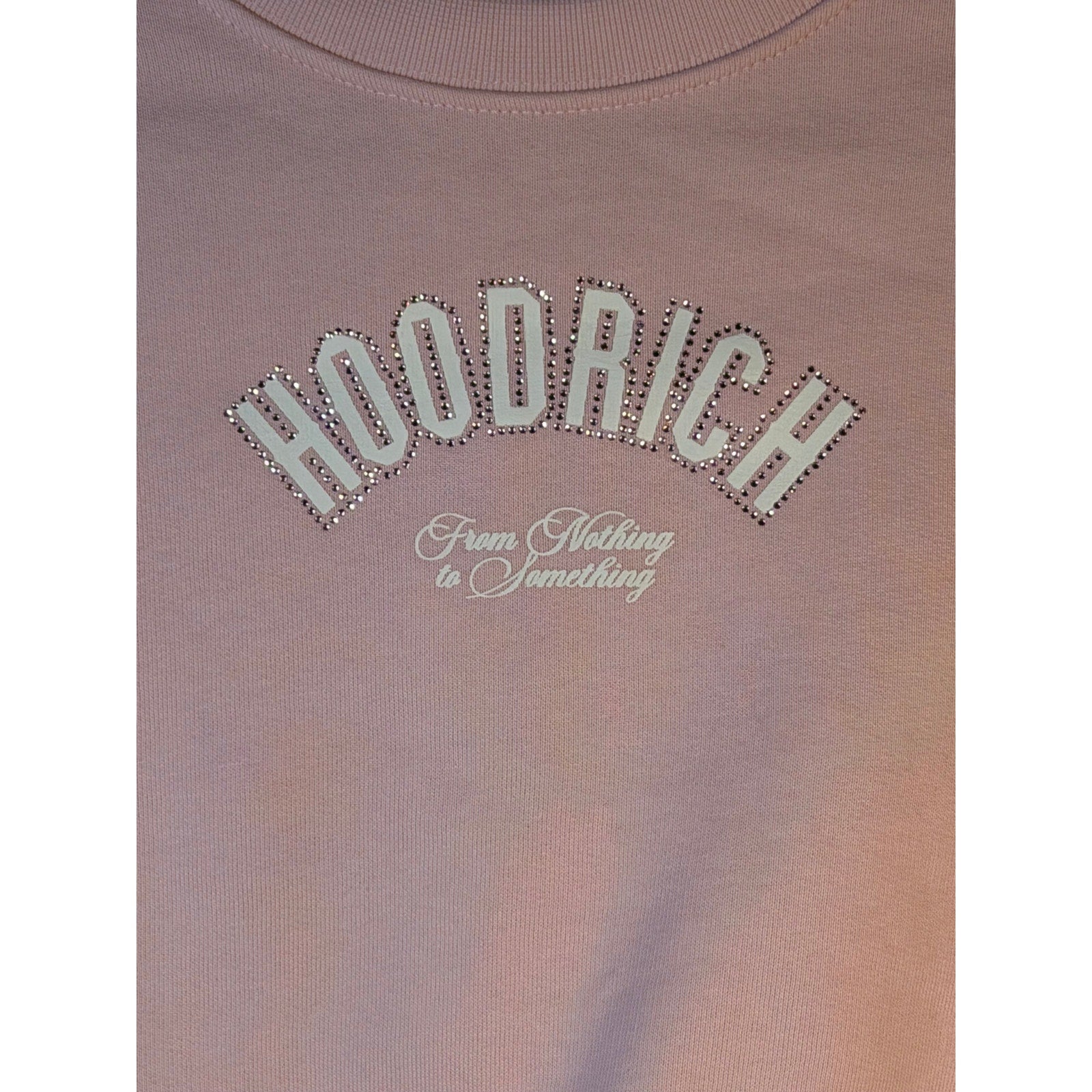 Hoodrich pink cropped sweatshirt with rhinestone logo, women's small crewneck pullover, casual and stylish.