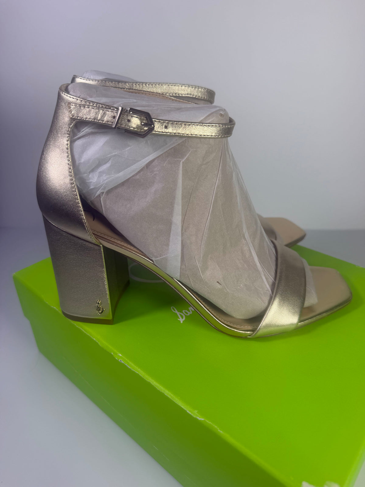 Sam Edelman gold metallic block heel ankle strap sandals for women, size 9.5, featuring a stylish design and ankle strap detail.