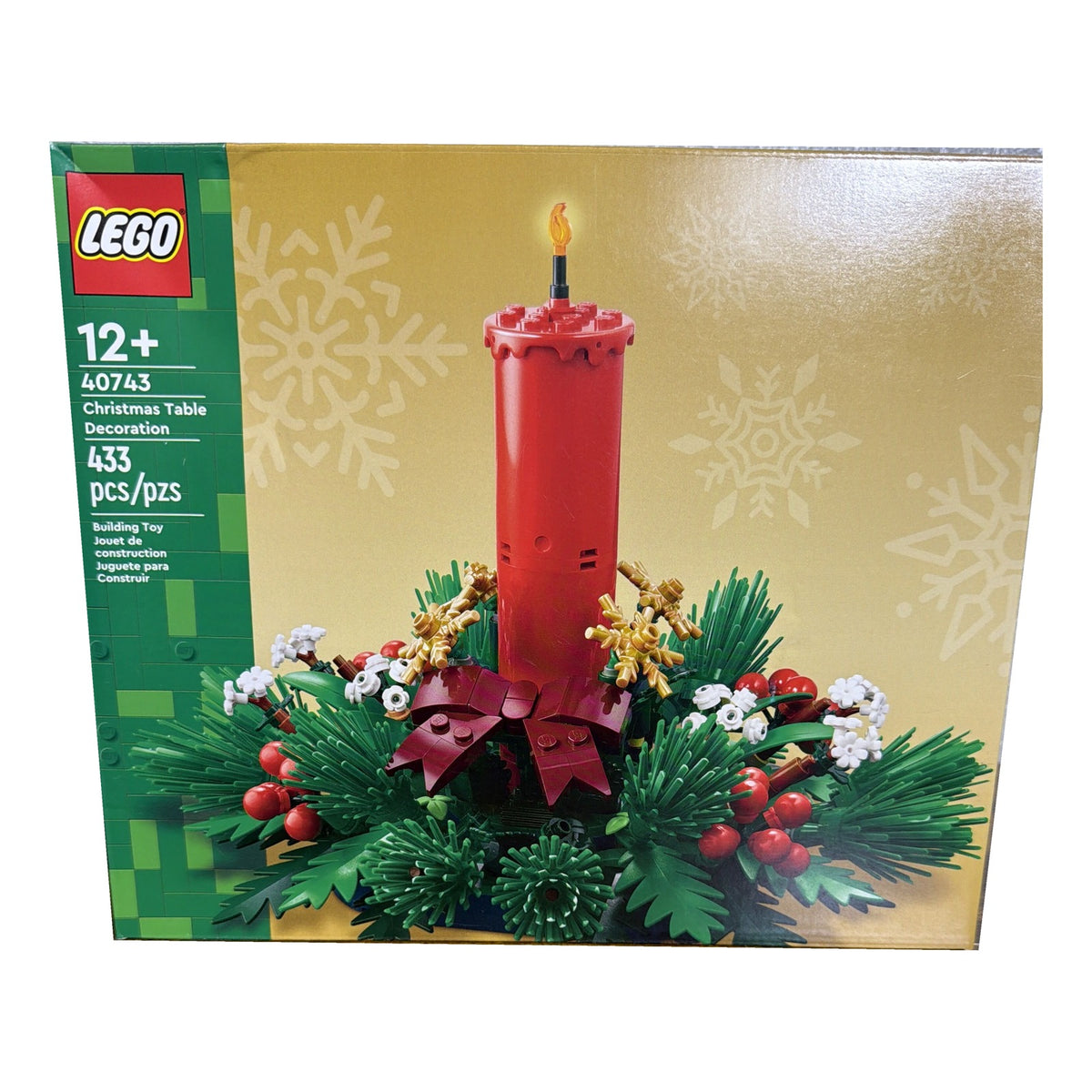LEGO 40743 Christmas table decoration candle centerpiece with 433 building toy pieces, featuring festive holiday-themed LEGO figures and design.
