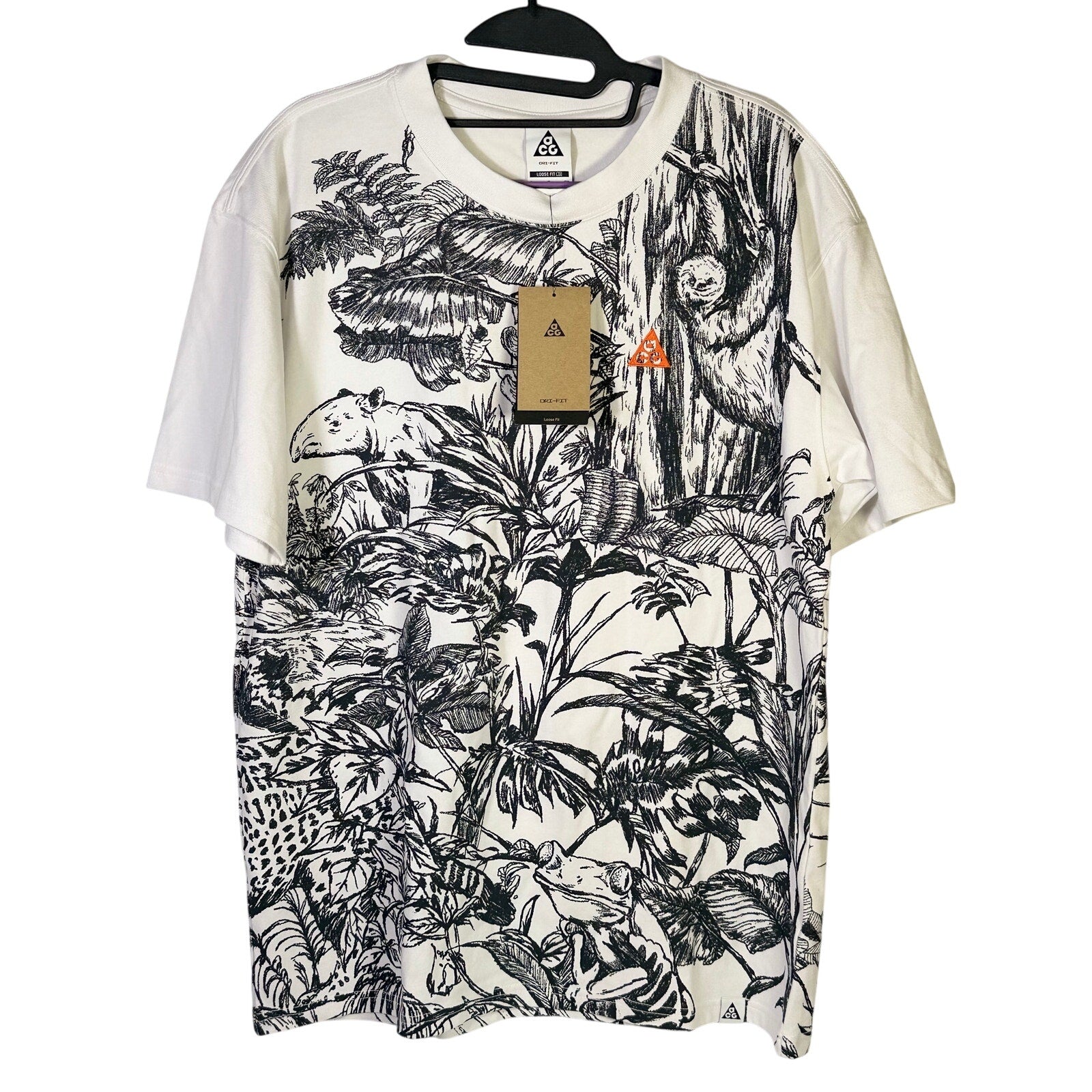 Nike ACG men's Jungle Animal Graphic Dri-FIT T-shirt, small size, featuring vibrant jungle animal print and Nike branding.