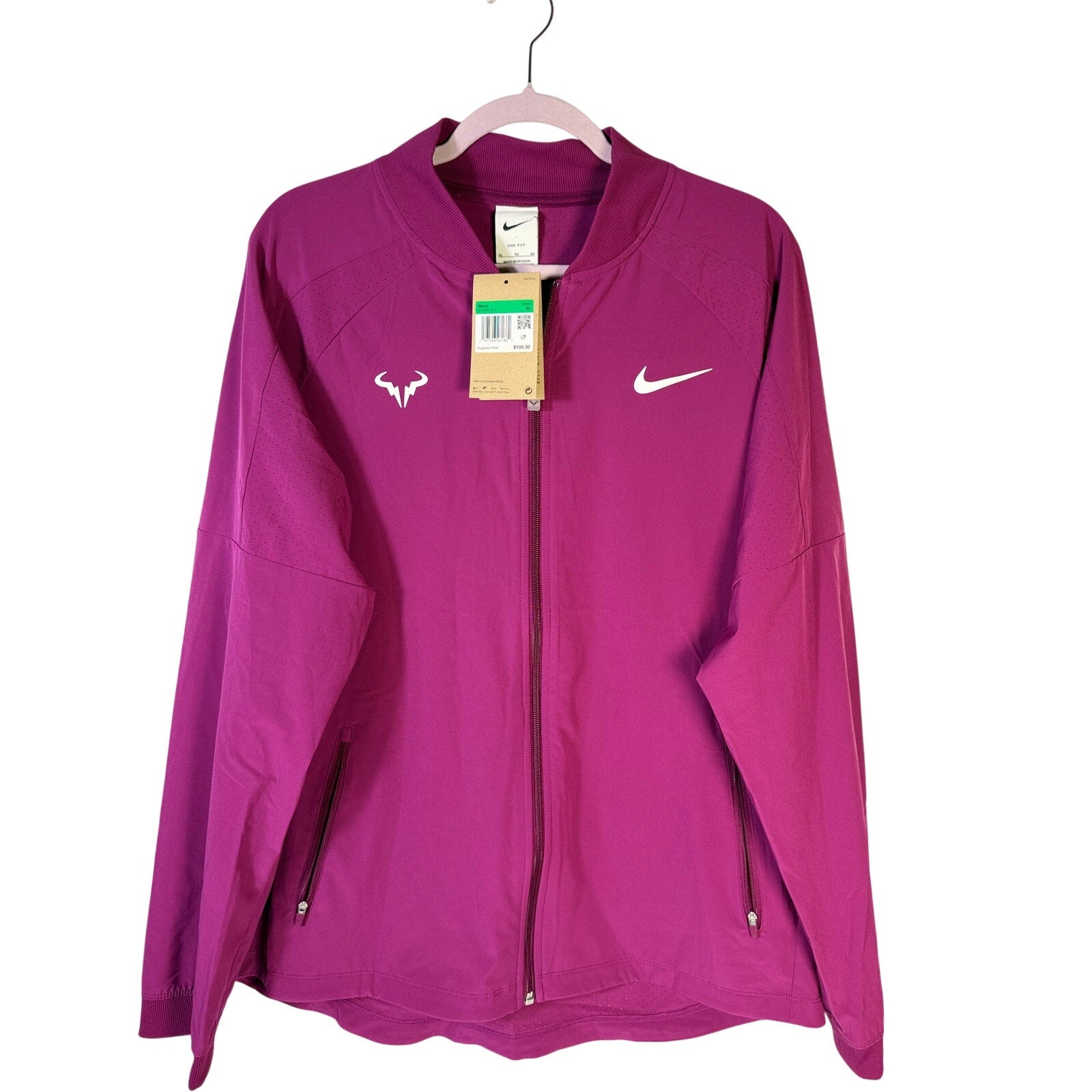 Nike Rafa Dri-FIT men's tennis jacket in purple, full zip, XL size, lightweight athletic jacket with Nike branding.