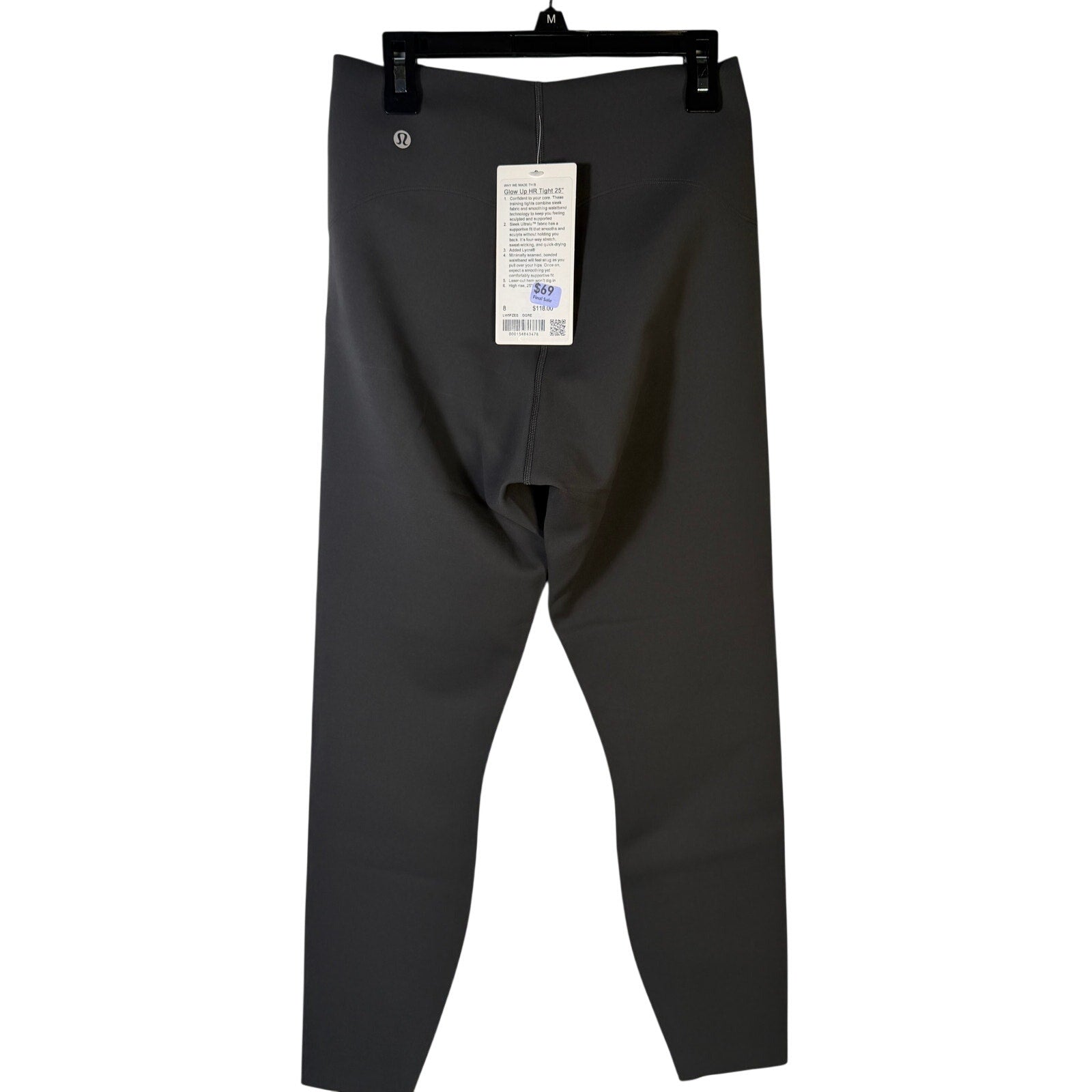 Lululemon Glow Up high-rise leggings in graphite grey, size 8, showing the fitted yoga tights with seamless design.