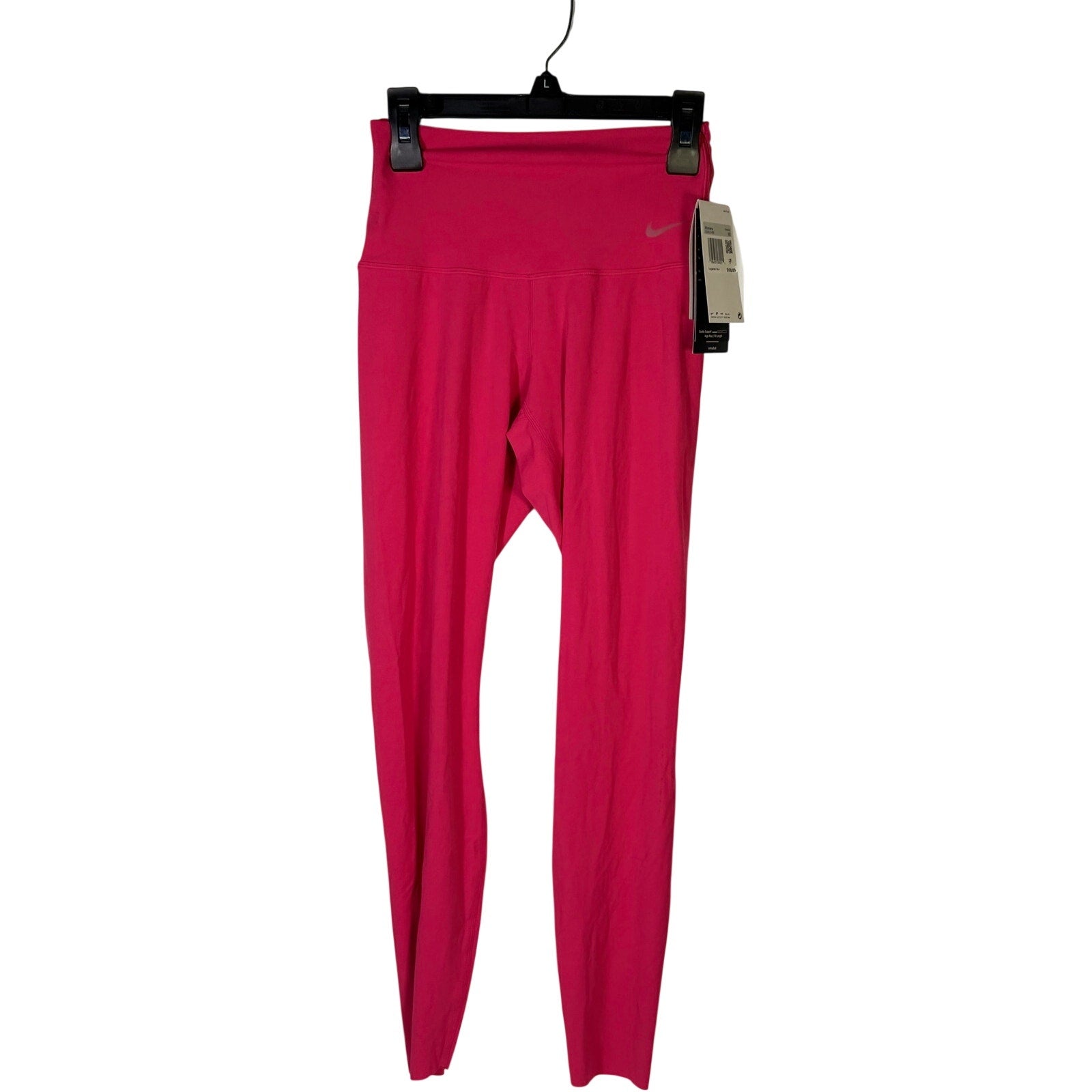 Nike women's high-rise leggings in hot pink fuchsia, full length, size small, new with tags, showing the fitted style and vibrant color.