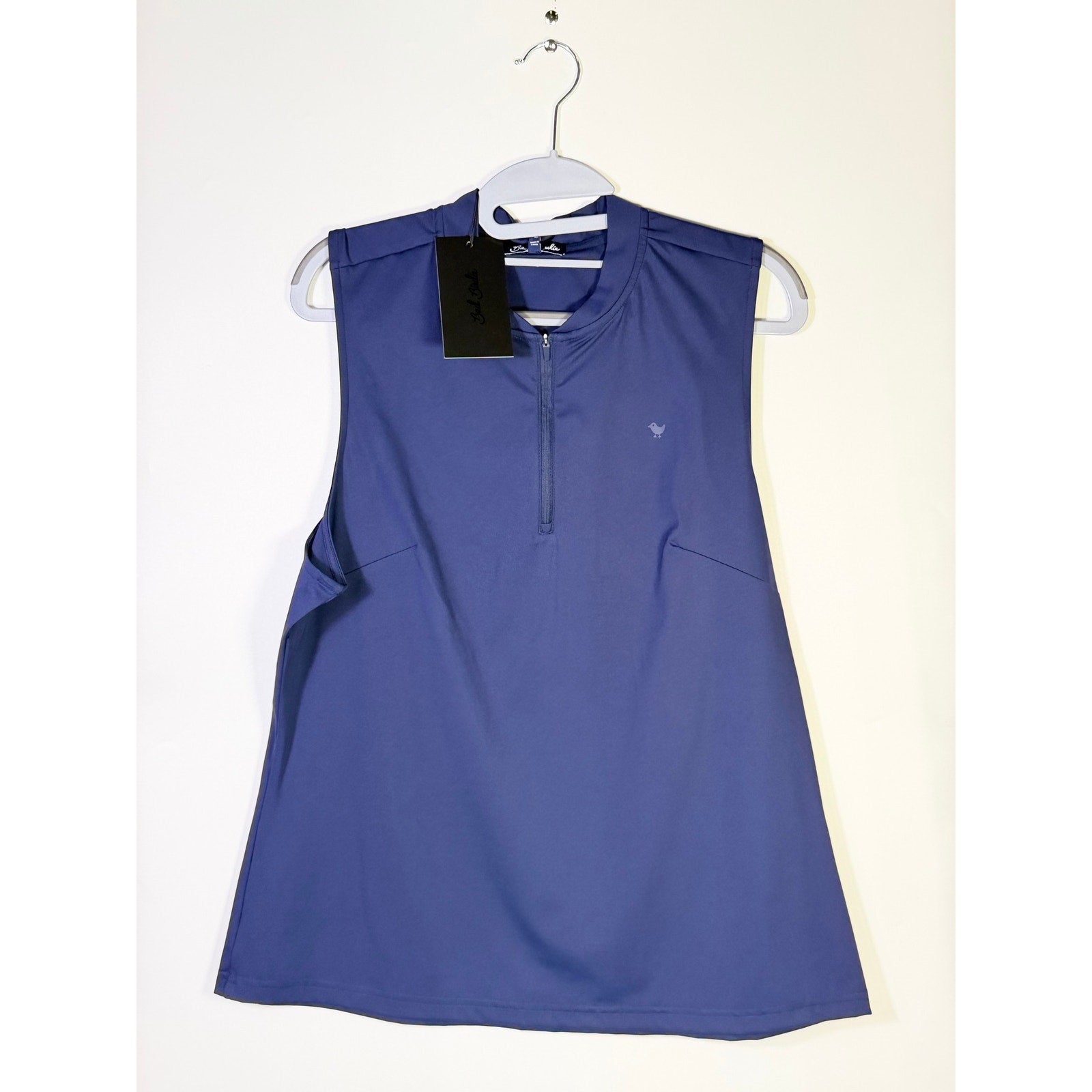 Bad Birdie women’s blue sleeveless quarter-zip golf tank top, size XL, casual athletic wear with a sporty design.