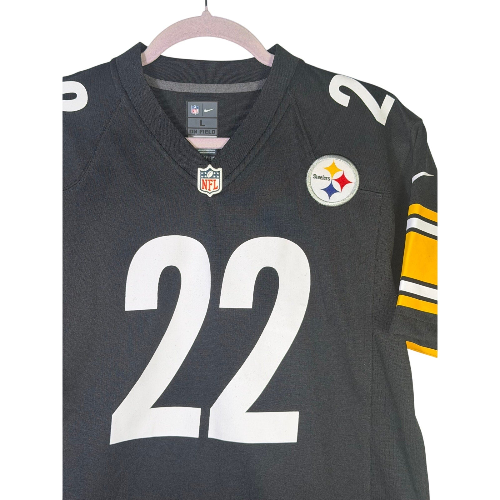 Nike Pittsburgh Steelers #22 youth NFL on-field game jersey in black, size L (14/16), showing front design and team logo.