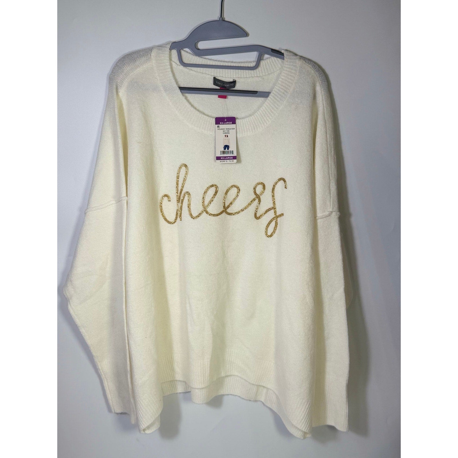 Vince Camuto Cheers holiday sweater for women, XXL cream knit with gold beaded accents, new with tags.