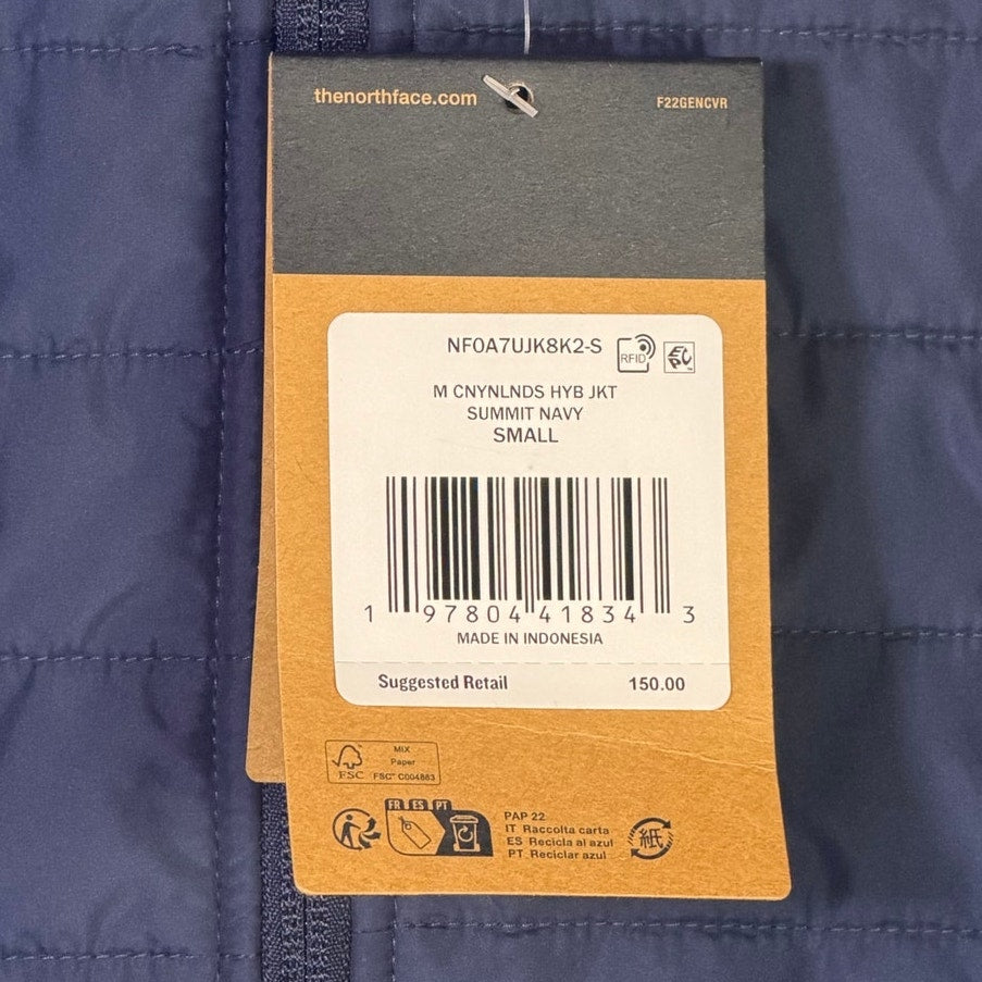 The North Face Men’s Canyonlands Hybrid Jacket in Summit Navy, size small, displayed flat showing front details and material texture.