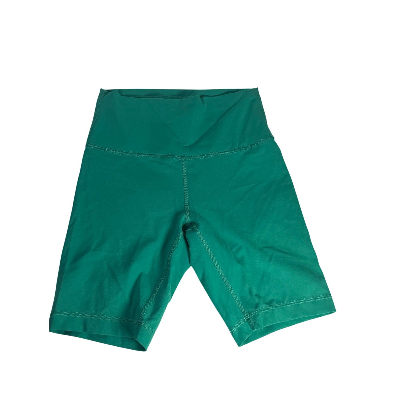 Lululemon women's high-rise teal green biker shorts size 6, made of stretchy athletic fabric, shown laid flat.