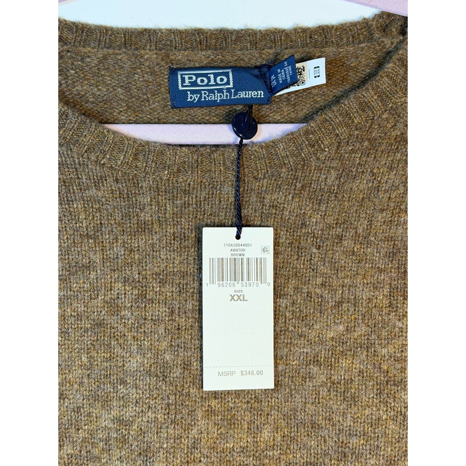 Men's Polo Ralph Lauren Aviator brown crewneck wool sweater, XXL size, shown on a hanger with detailed knit texture.