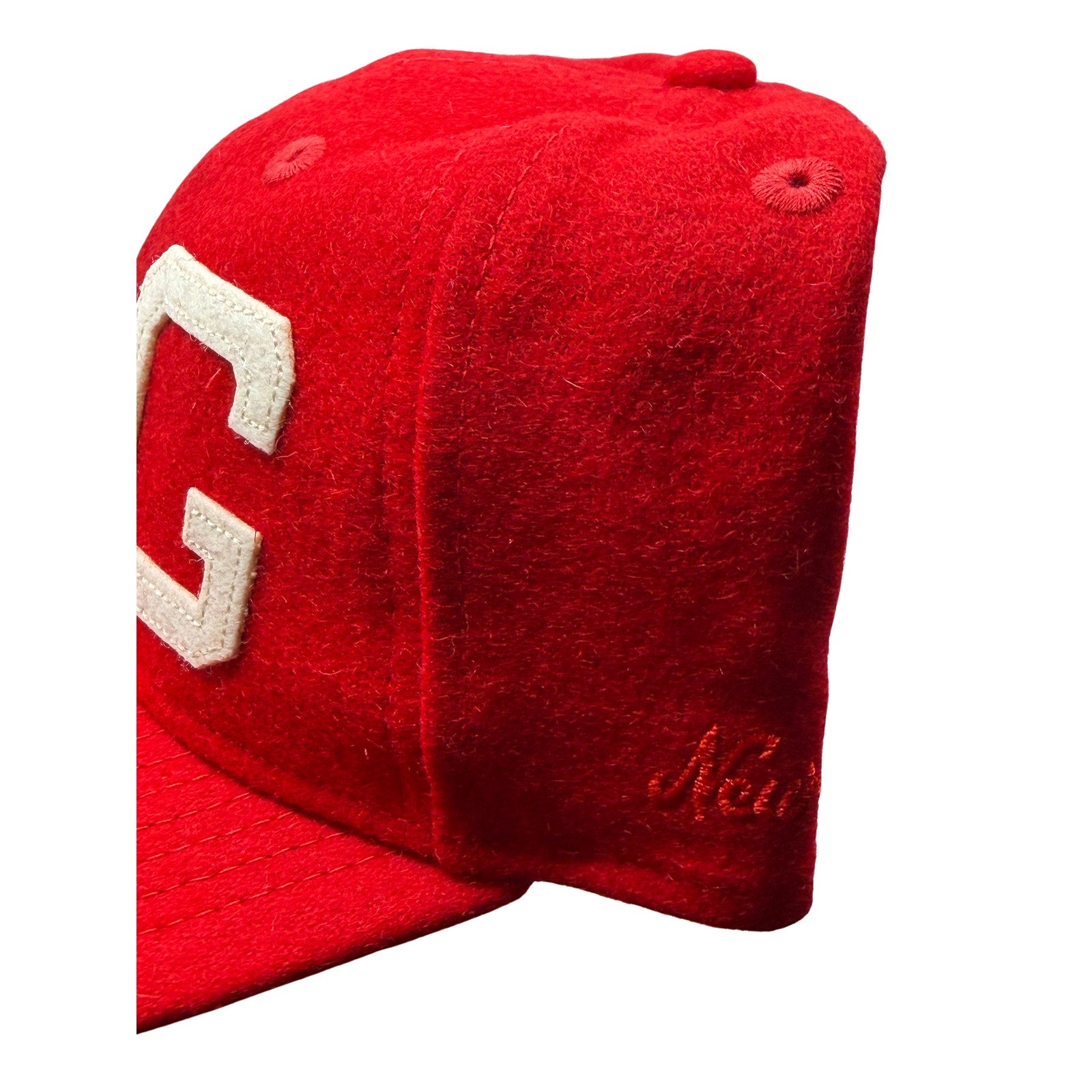 Fear of God x New Era 59FIFTY fitted hat in red and cream with FG logo, featuring a structured cap and flat brim.