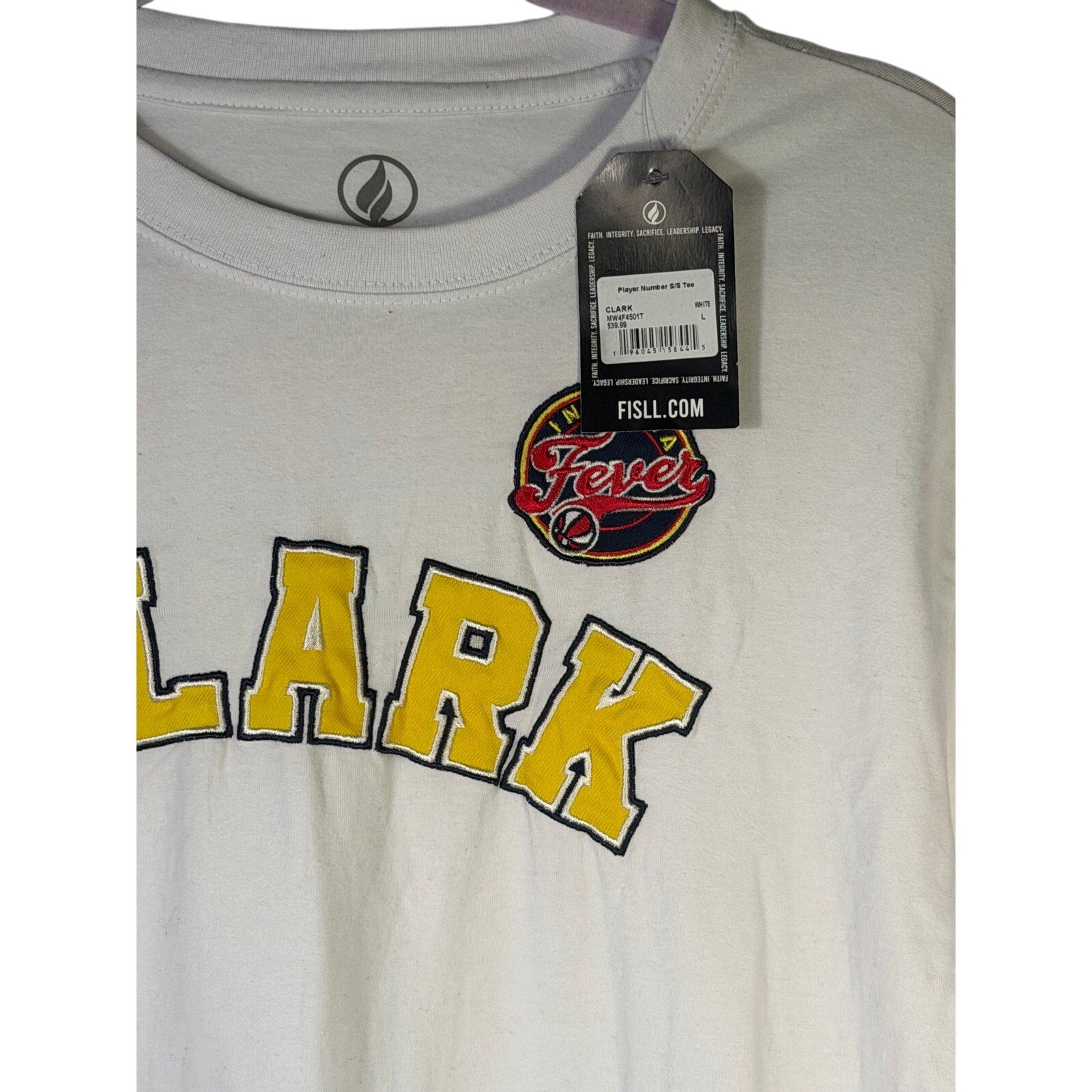 White FISLL Indiana Fever Caitlin Clark T-Shirt in size L, featuring team logo and player name, casual and comfortable wear.