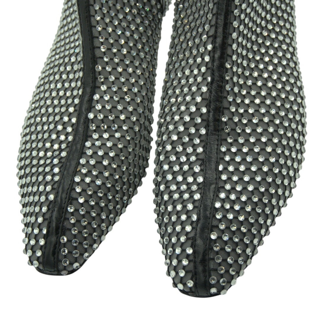 Rebecca Minkoff black crystal mesh booties for women, size 8M, with 40mm heel, new in box, stylish footwear.