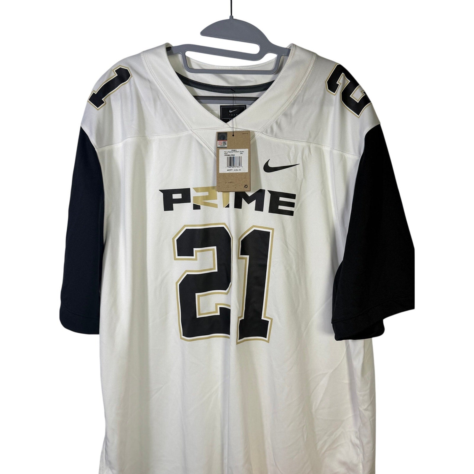 Nike PRIME Deion Sanders #21 football jersey in white, men's 2XL size, featuring team and player details.