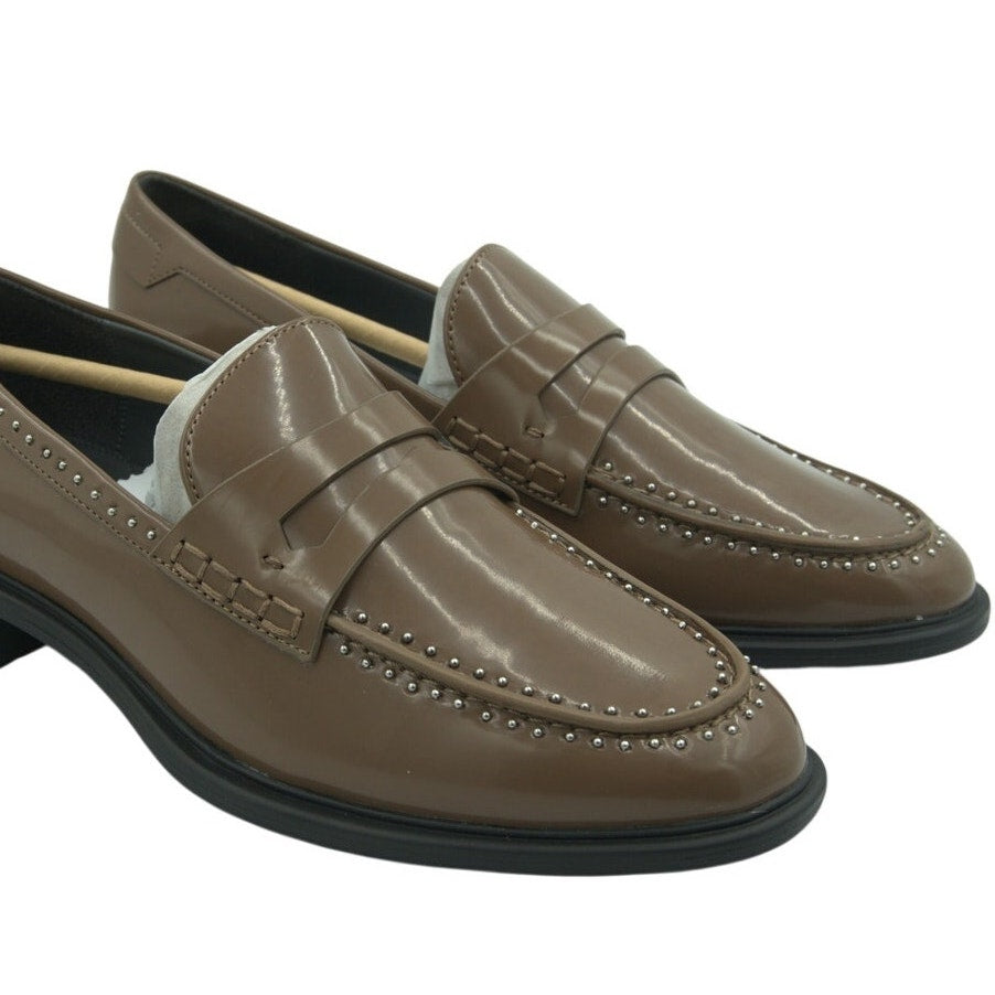 Brown Franco Sarto A-Eden studded flats for women, size 9M, featuring pointed toe and studded detailing, new in box.