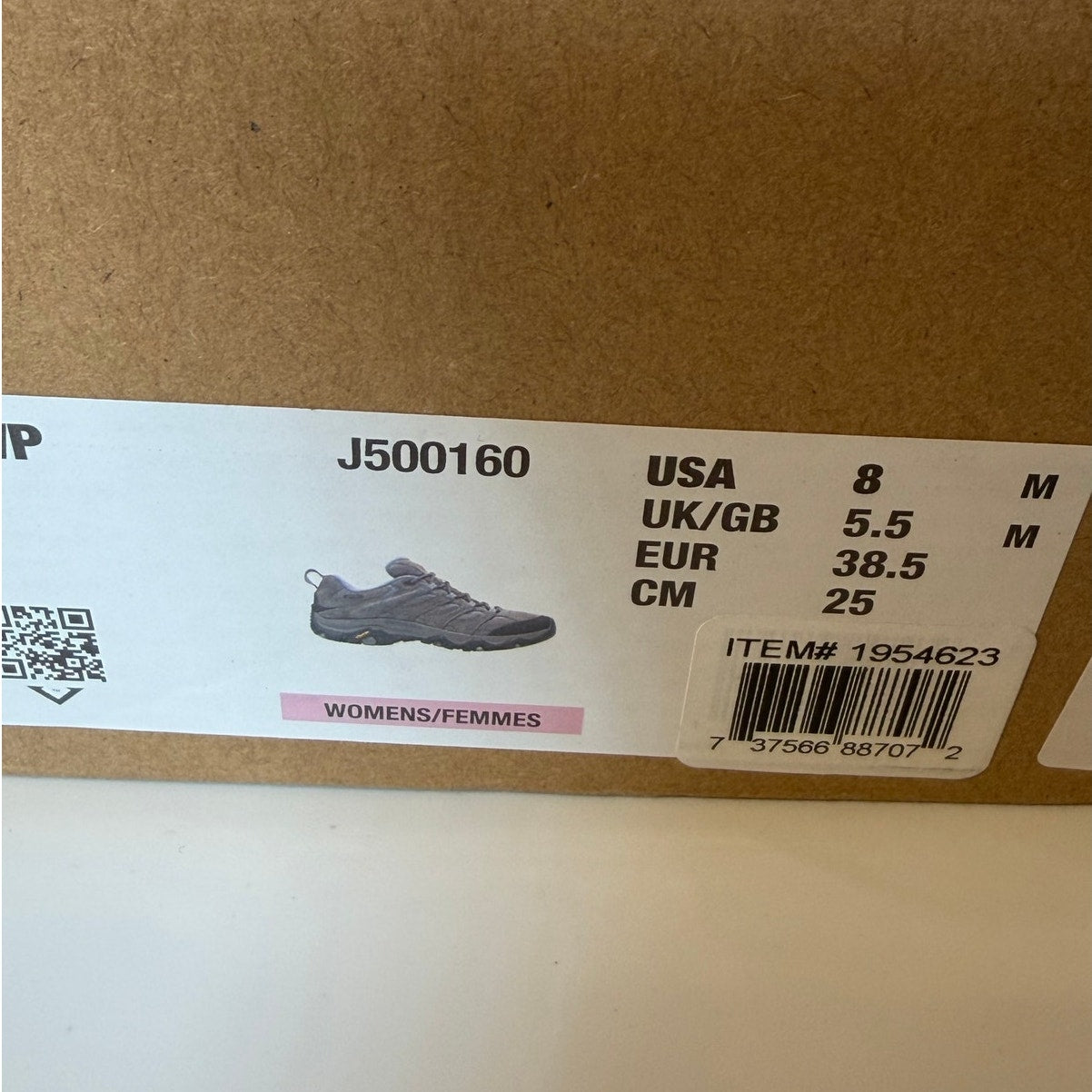 Merrell Moab 3 women's hiking sneakers in blue, gray, and black with sturdy laces and rugged outsole, size 8.