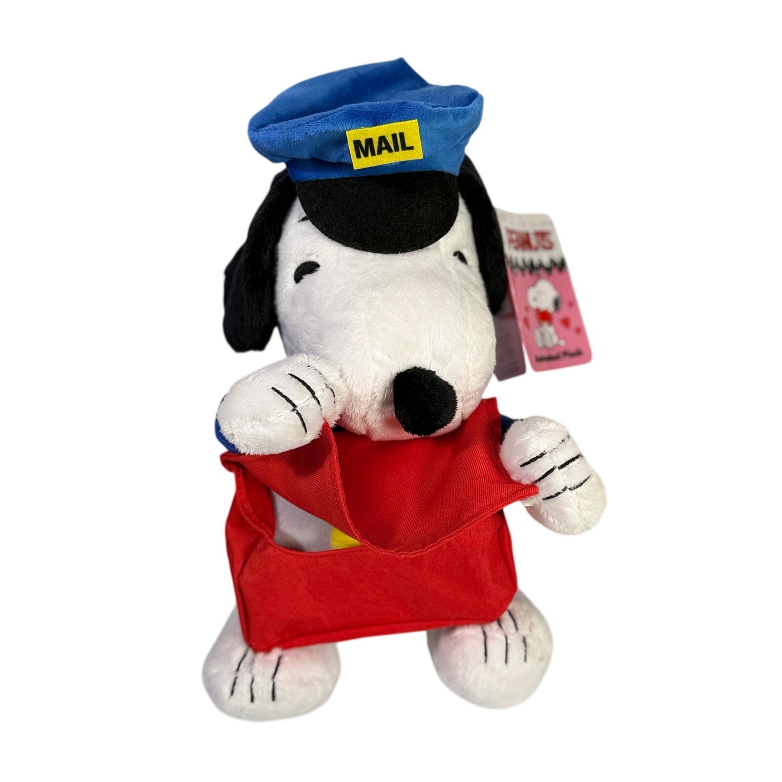 Peanuts Snoopy plush mail carrier toy, animated stuffed animal for Valentine's Day, soft and detailed toy from the Peanuts brand.