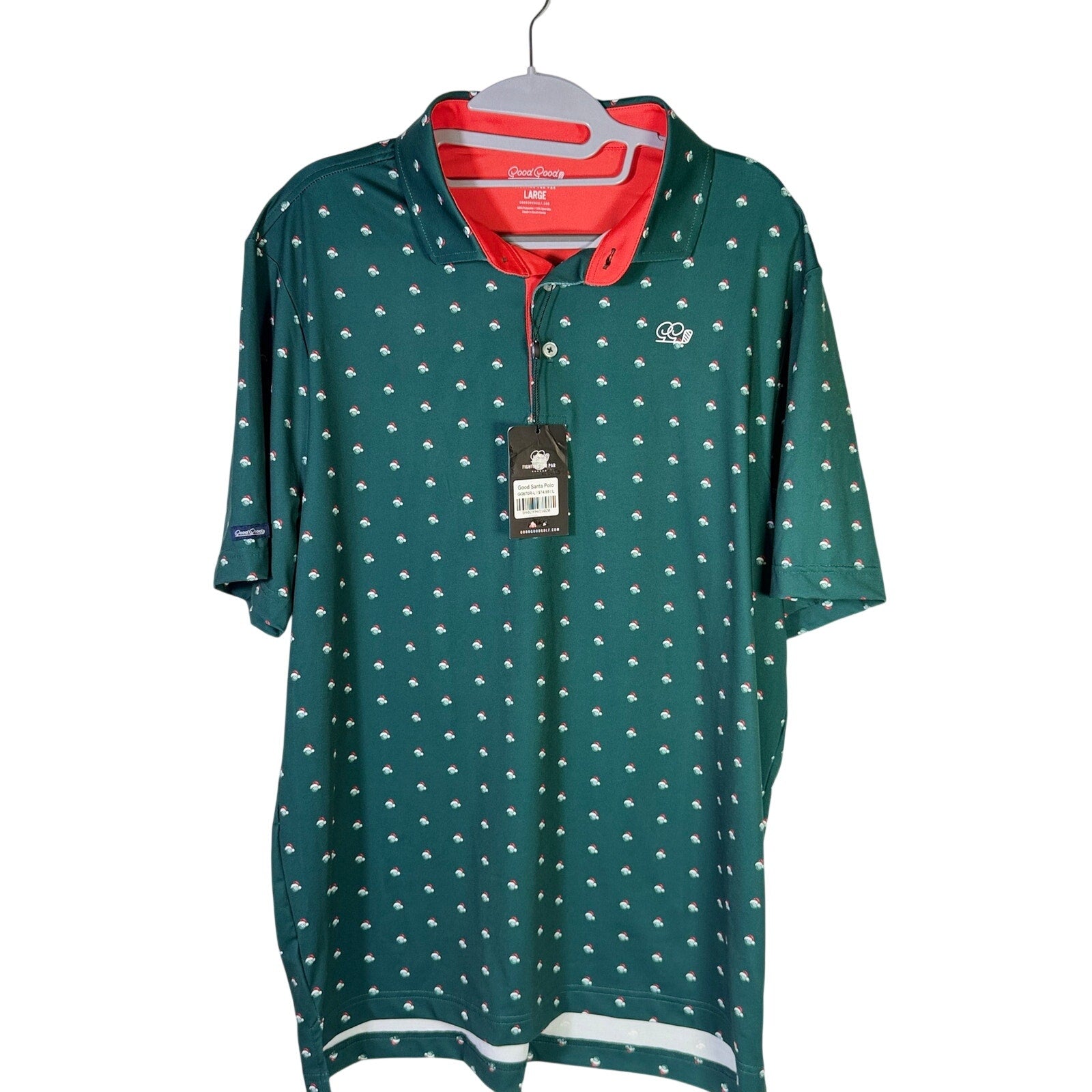 Good Good Golf men's Santa holiday polo shirt in green, size large, featuring festive holiday design and classic polo style.