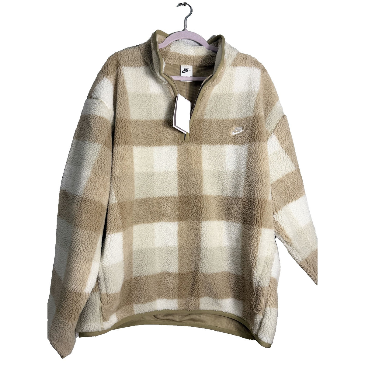 Nike Club Sherpa plaid half-zip pullover jacket for men in khaki and cream, size XXL, featuring a cozy sherpa lining and plaid pattern.