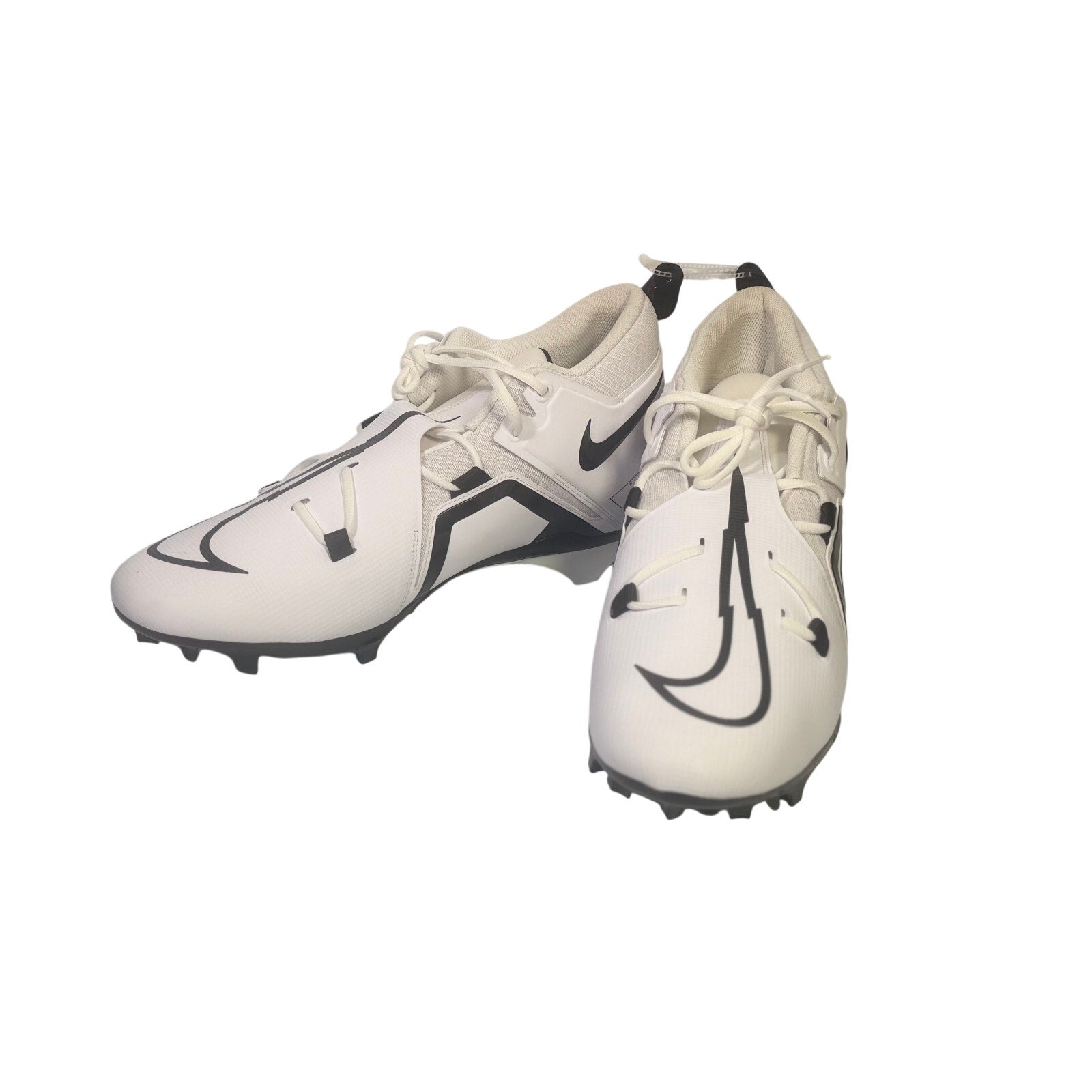 Nike Alpha men's football cleats in white and black, size 17, showing the lightweight design and cleat studs for field grip.