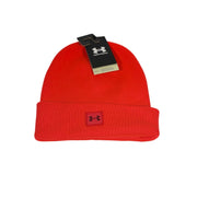 Unisex Under Armour red knit beanie hat with cuff, featuring a snug fit and brand logo, designed for warmth and style.