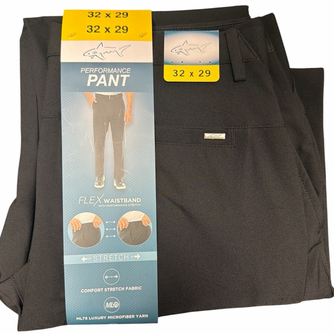 Greg Norman men's black microfiber 5-pocket pants, size 32x29, shown flat with a smooth, tailored fit and classic design.