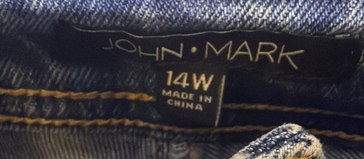 John Mark women's boyfriend jeans size 14W in light wash with distressed details and fray hem, showcasing relaxed fit and casual style.
