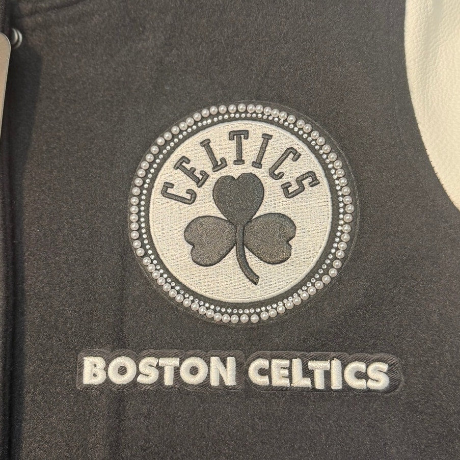 Pro Standard Boston Celtics varsity jacket in size S with green and white team logo, athletic style, and varsity lettering.