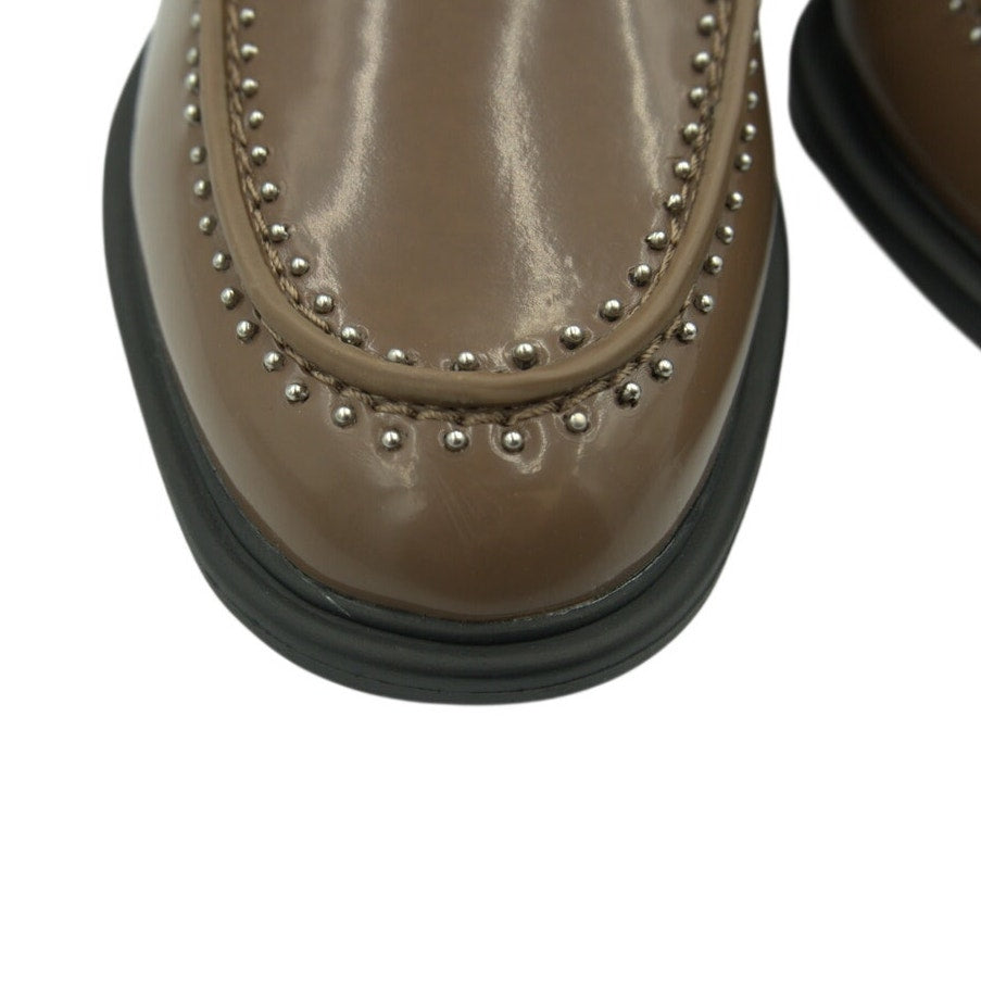 Brown Franco Sarto A-Eden studded flats for women, size 9M, featuring a stylish slip-on shoe design with studded detailing.