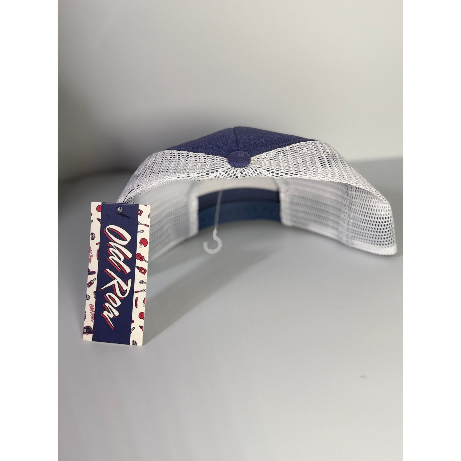 Old Row navy and white trucker hat with mesh panels, rope detail, snapback closure, adult size, new with tags.