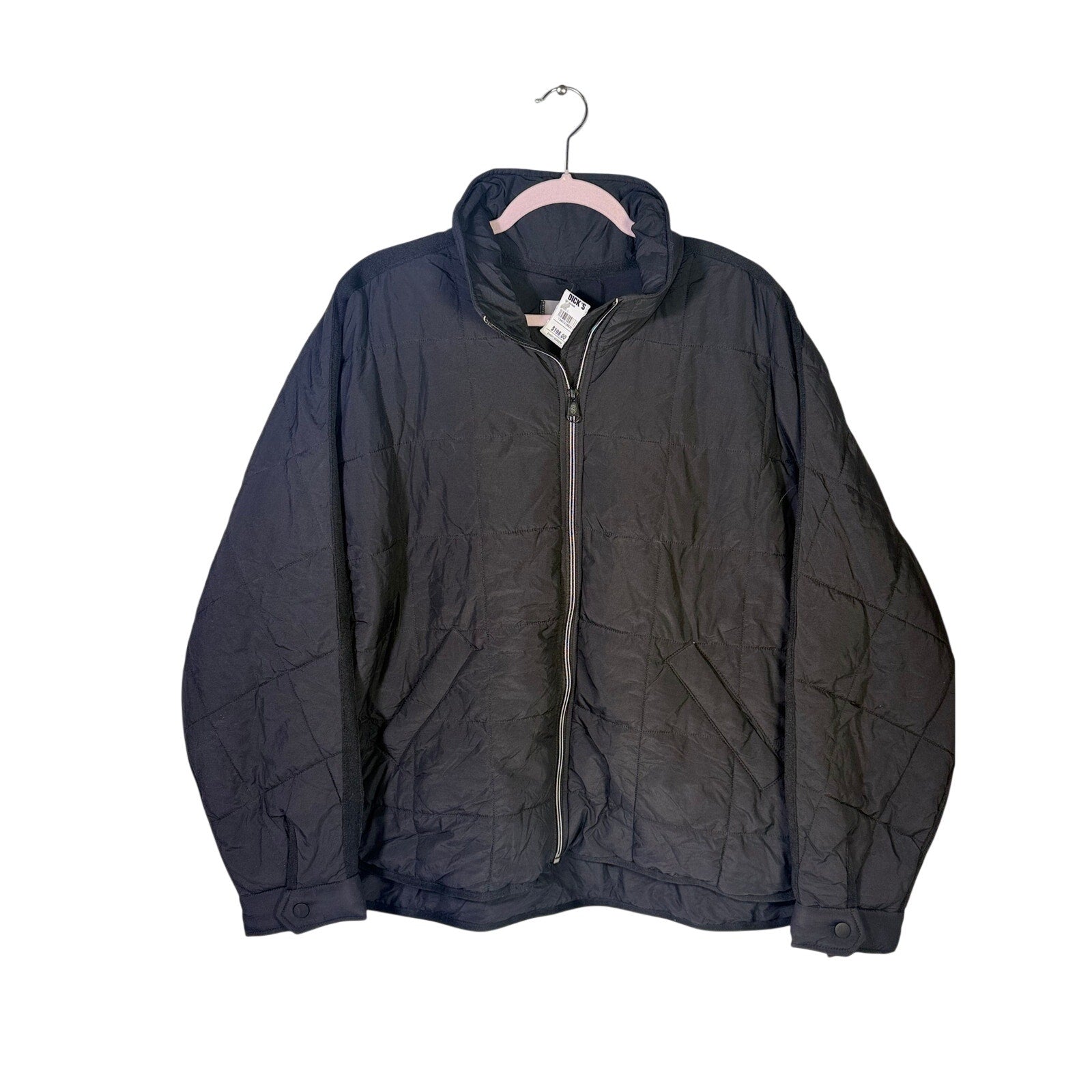 Black quilted Free People Movement women's full-zip jacket, size large, shown on a hanger with front view.