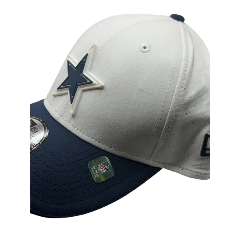 White and navy Dallas Cowboys NFL New Era 39THIRTY hat, large to XL size, with team logo and structured cap design.