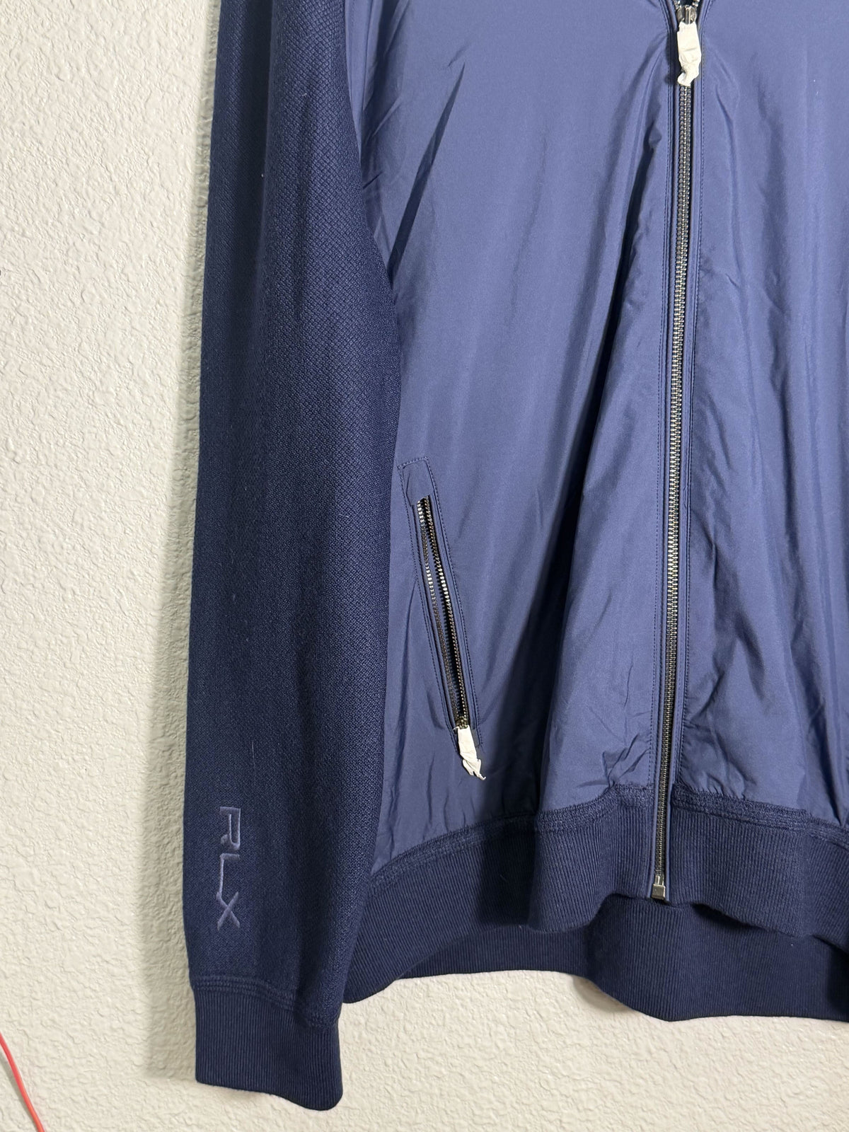 Navy Ralph Lauren RLX hybrid full-zip knit sweater jacket for men, size XL, featuring a zip front and knit texture.