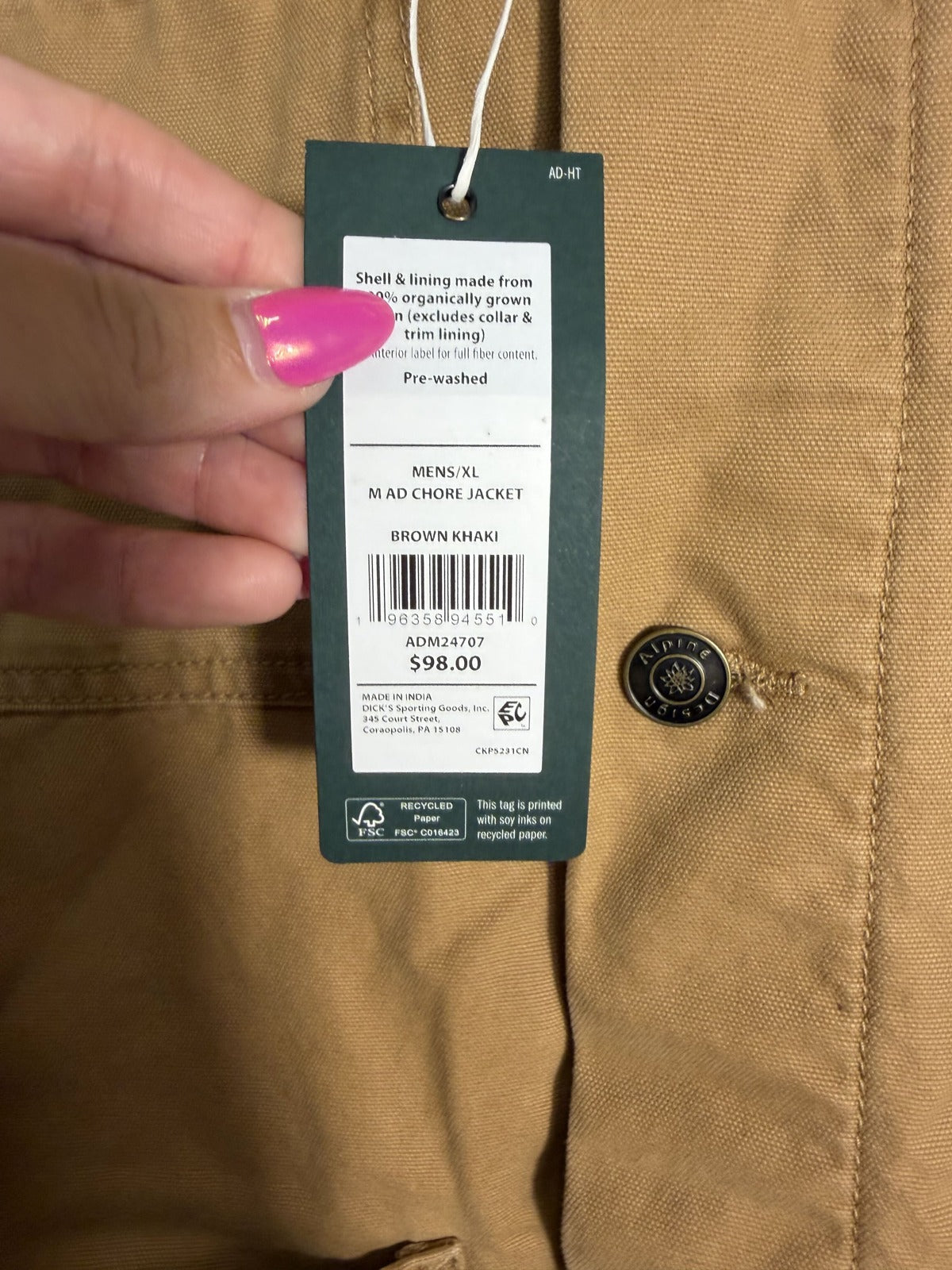 Alpine Design men's brown khaki flannel-lined canvas chore jacket, size XL, featuring durable fabric and warm lining.