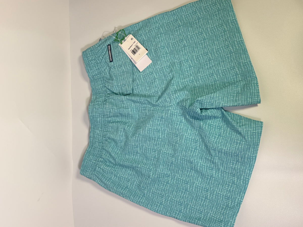 Southern Tide printed teal performance swim trunks for men, size large, featuring vibrant patterns and quick-dry fabric.