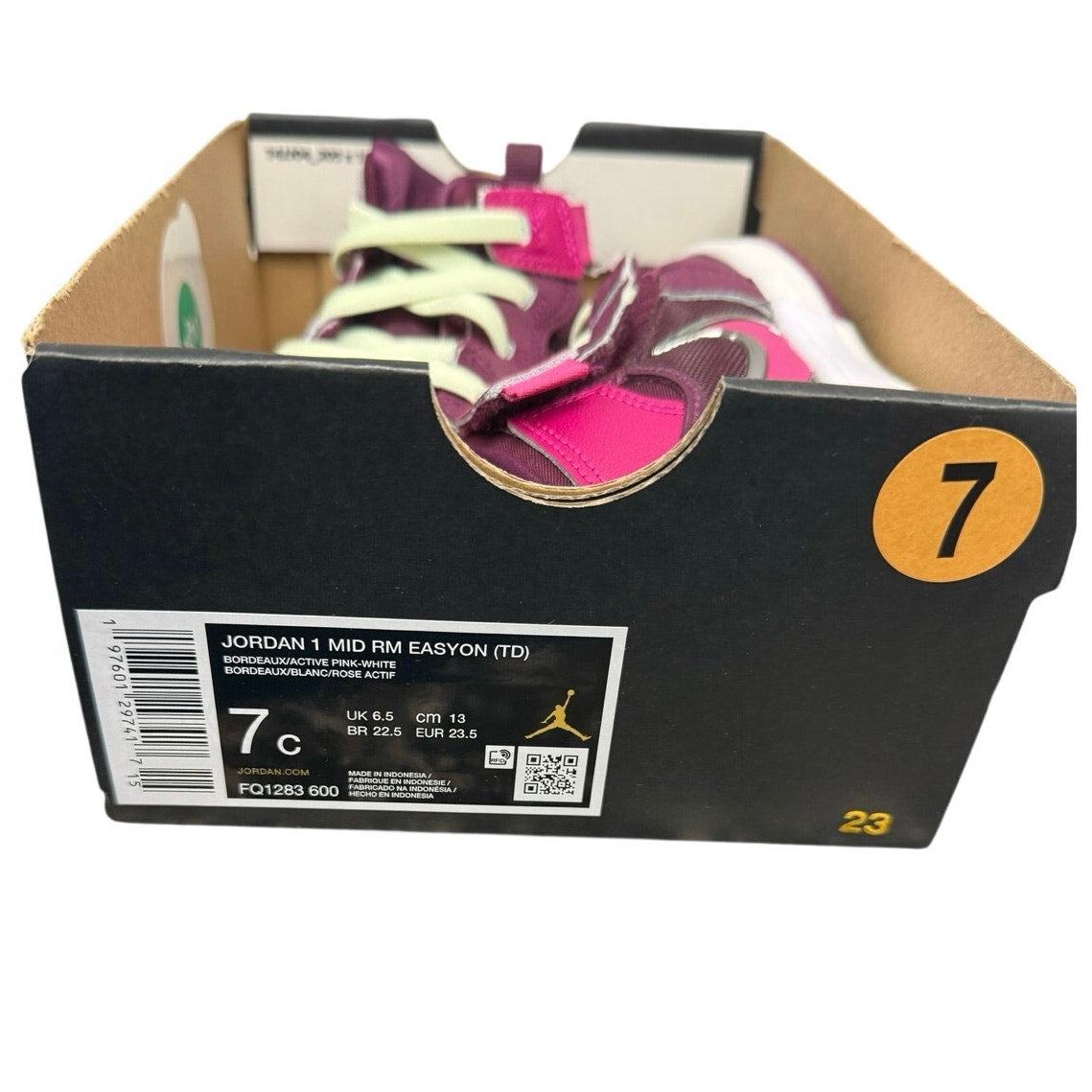 Toddler Air Jordan 1 Mid RM EasyOn sneakers in Bordeaux, pink, and white with velcro straps and logo details.