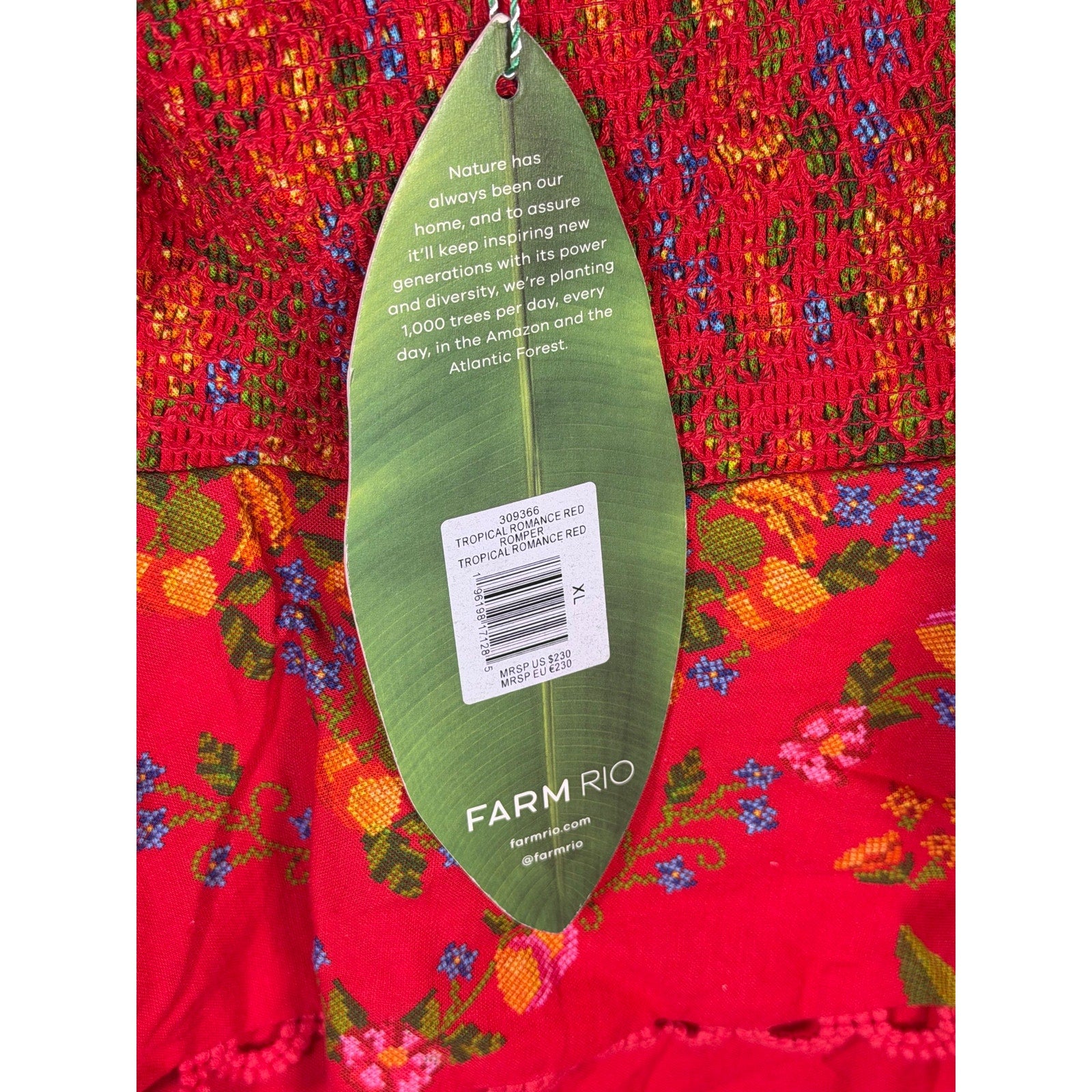 Red floral embroidered FARM Rio women's romper with flutter sleeves, size XL, showcasing vibrant floral pattern and stylish design.