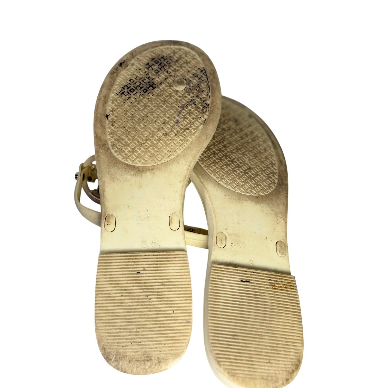 Tory Burch Miller Jelly Sandals for women, US 8, ivory cream color with gold logo detail, slide-style flip flops.