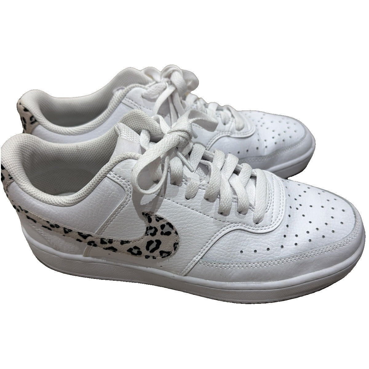 Nike Court Vision Low Leopard Swoosh white sneakers for women, size 8.5, featuring leopard print accents and classic Nike design.