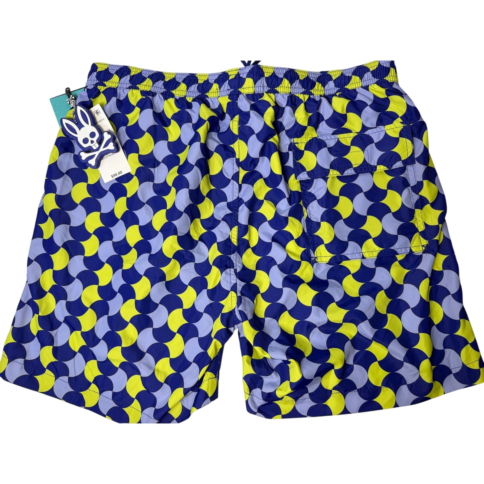 Psycho Bunny Men's Swim Trunks Blue Yellow Geometric Print Size M NWT