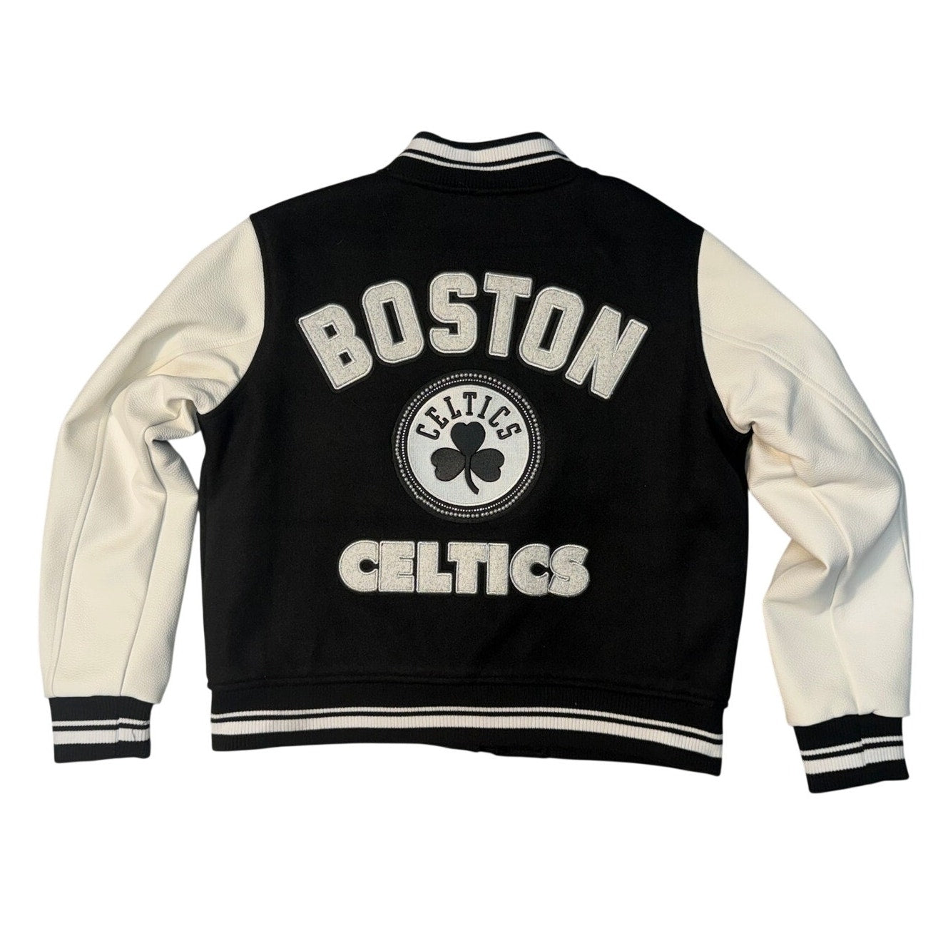 Pro Standard Boston Celtics varsity jacket in size small, featuring team logo and varsity style details from the Luxury Athletic Collection.
