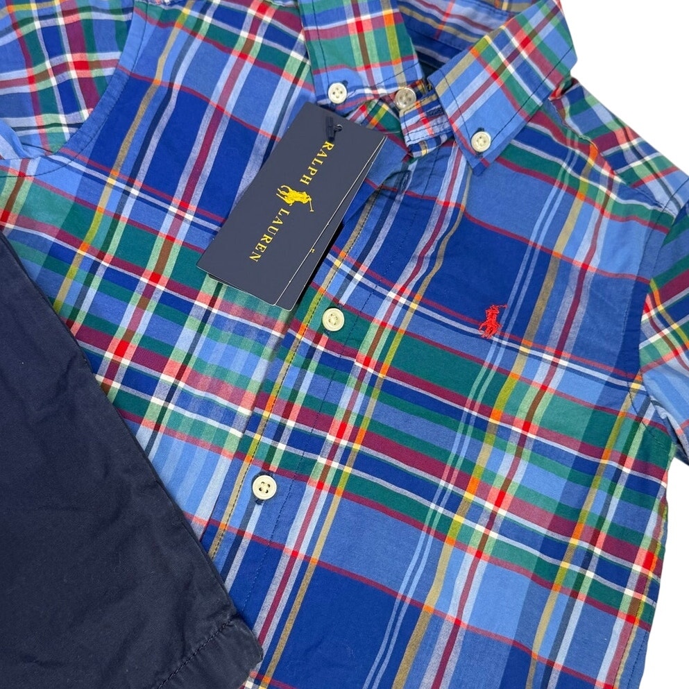 Ralph Lauren boys plaid shirt in navy and chino shorts, size 2T and 4T, casual clothing outfit set for kids.