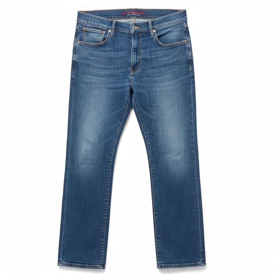 Lucky Brand men's blue denim jeans in size 36x32 with straight leg fit and medium wash, shown folded on a neutral background.