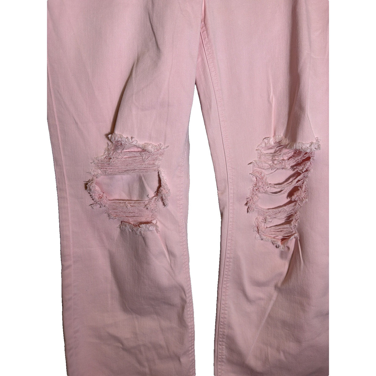 Risen women's high-rise cropped flare jeans in light pink with distressed details and frayed hem, size 11 (30).
