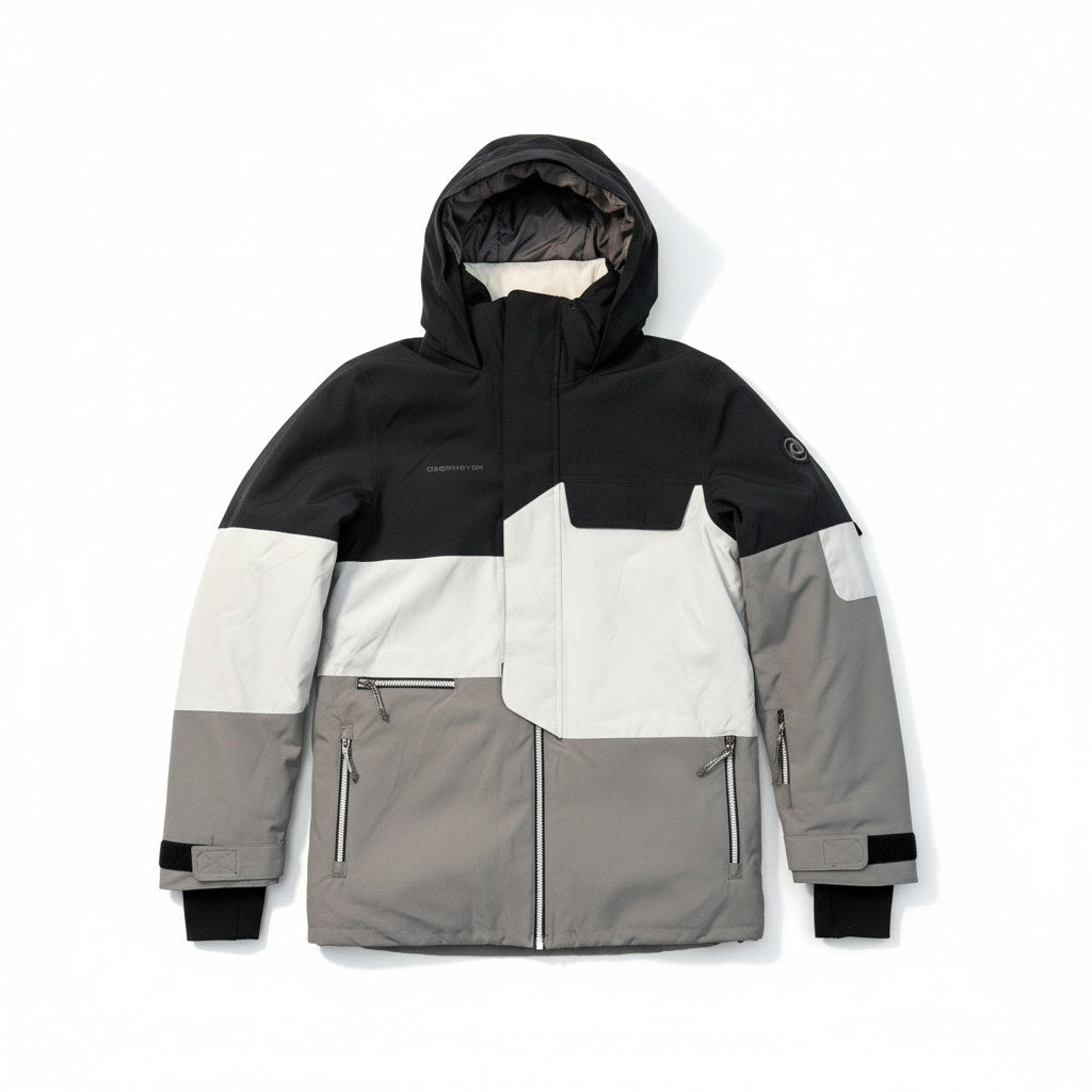 Obermeyer boys Axel jacket in moonstone color, size XL, displayed on a hanger with a front view showing its design and material.