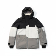 Obermeyer boys Axel jacket in moonstone color, size XL, displayed on a hanger with a front view showing its design and material.